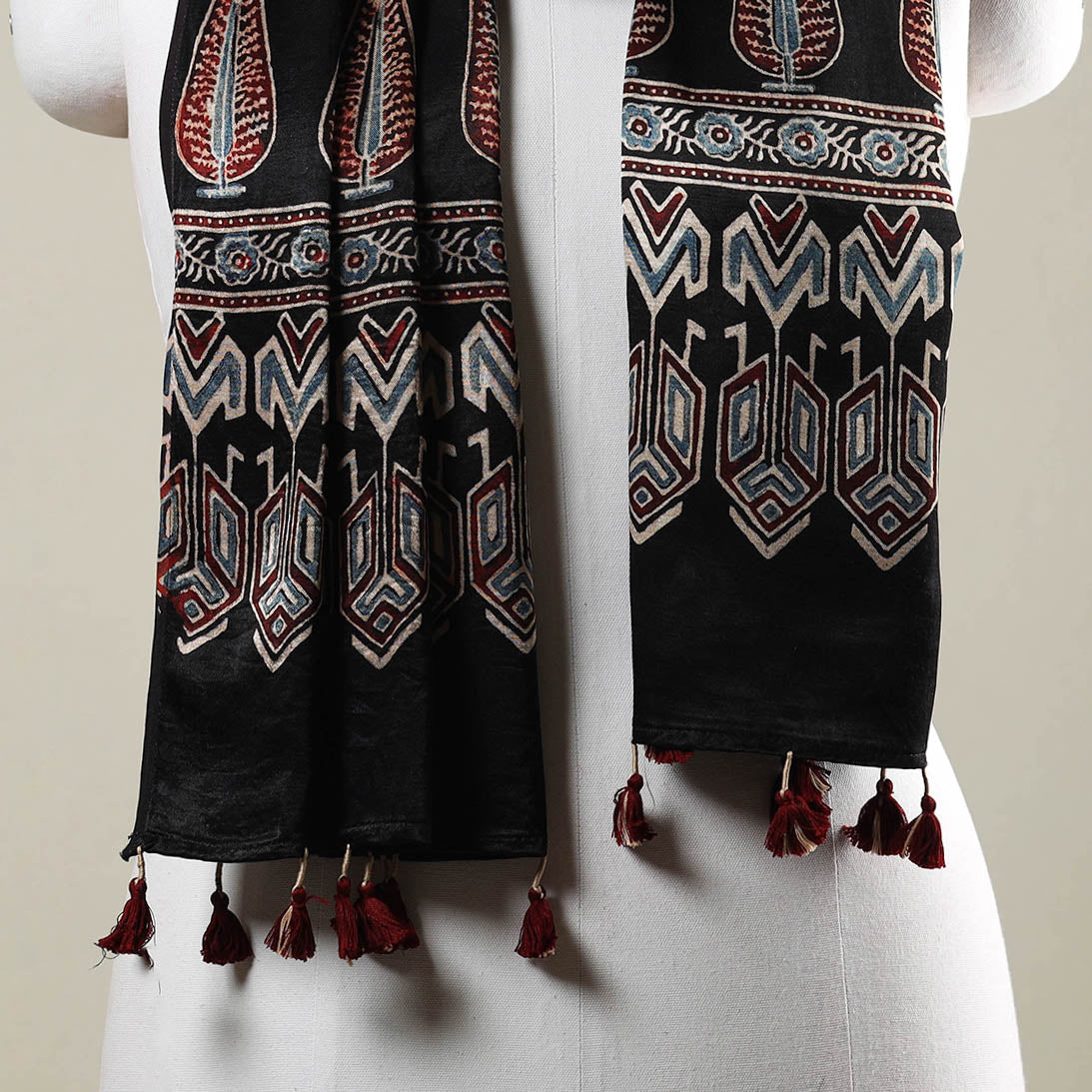 RIYAZ ABDULMAJID KHATRI - AJRAKH Black - Ajrakh Hand Block Printed Mashru Silk Stole with Tassels - view 3