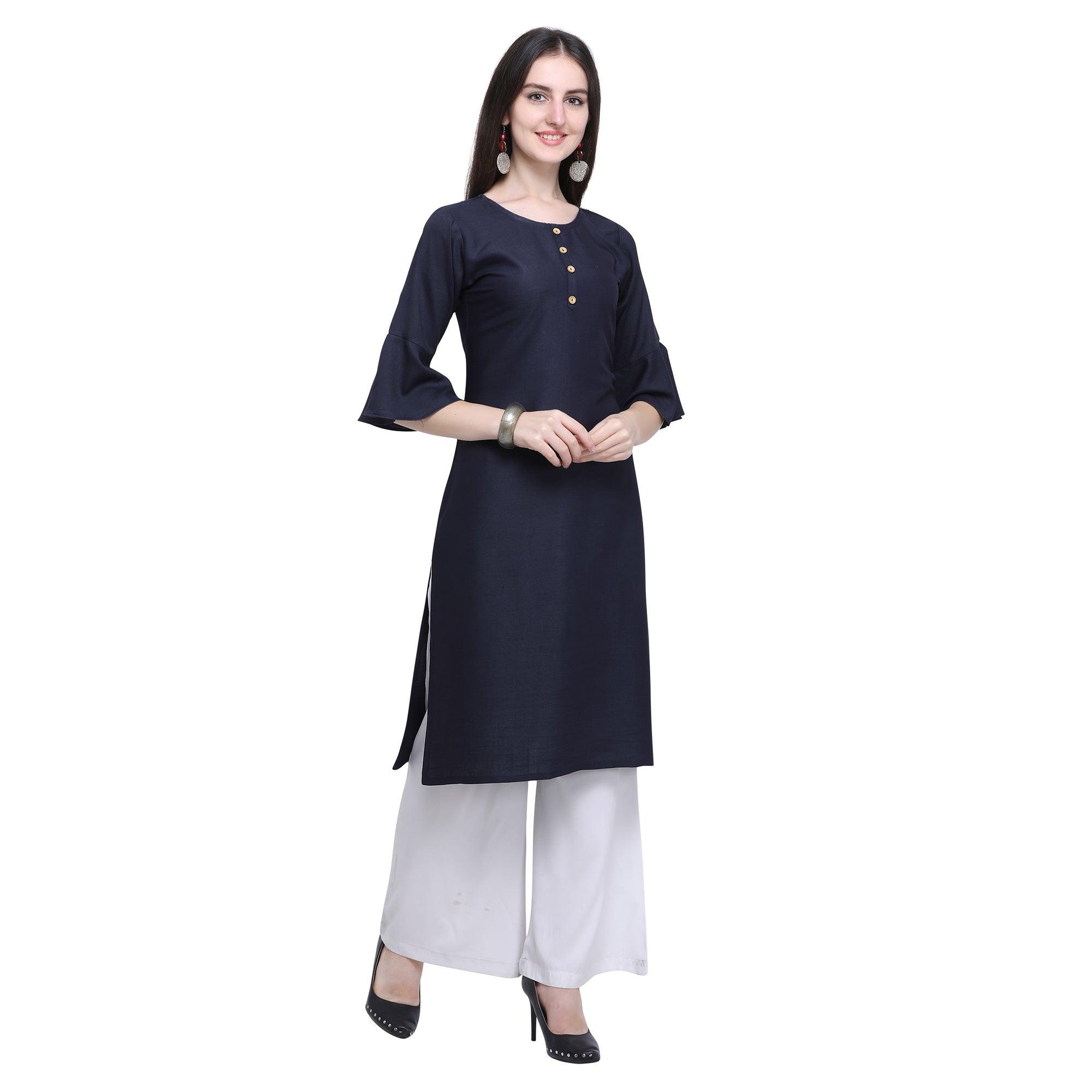 Peachmode Seller Exotic Navy Blue Colored Casual Wear Embroidered Rayon Kurti-Palazzo Set - view 4