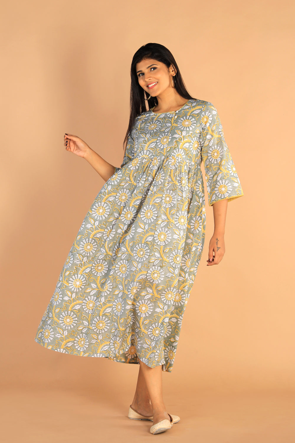 Kalanjali Ethnics Floral Sanganeri hand block printed cotton dress - view 5