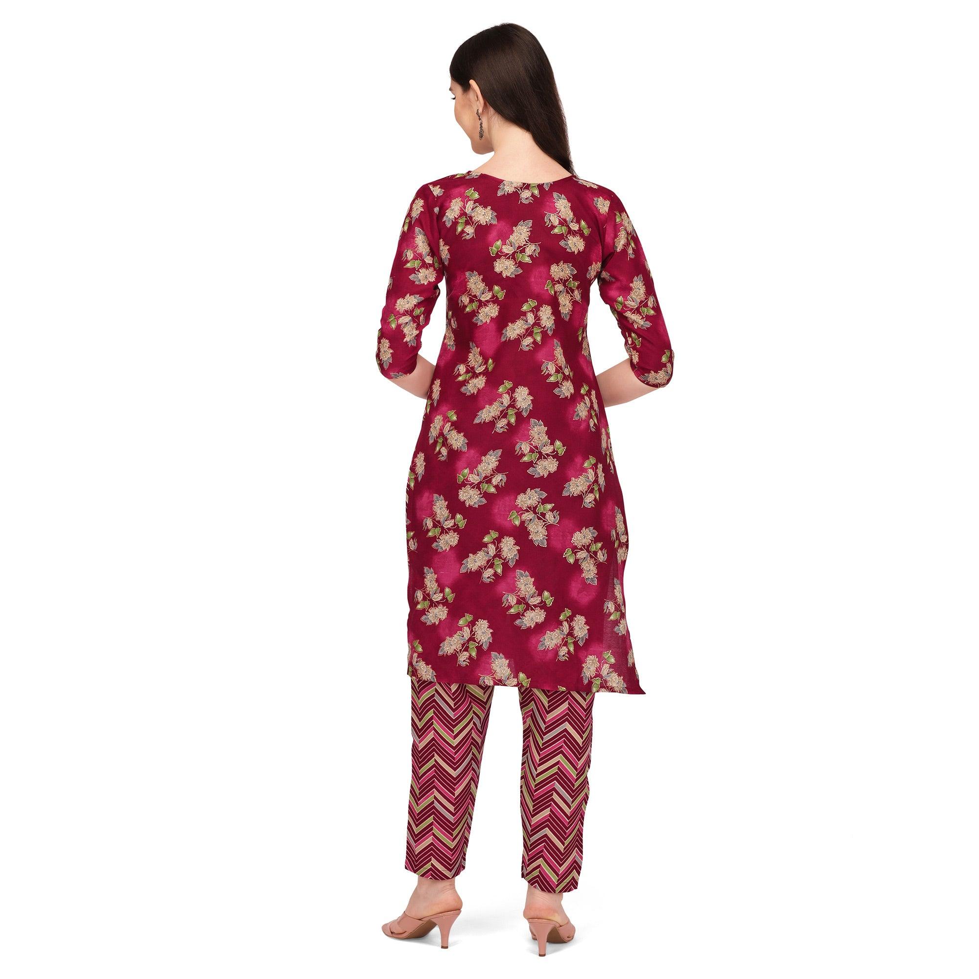 Peachmode Seller Maroon Floral Printed With Embroidered Cotton Blend Kurti Pant Set - view 5