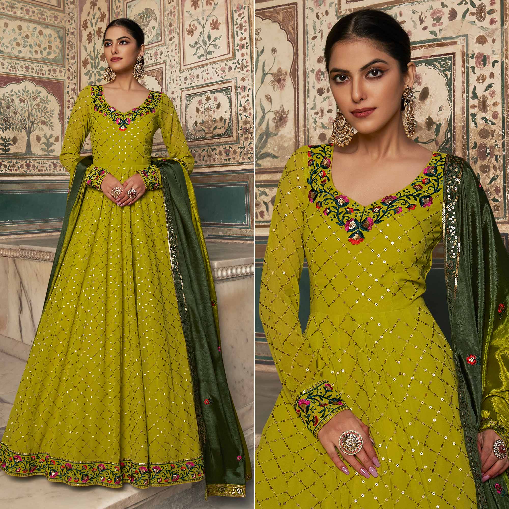Peachmode Seller Lime Green Sequins Embroidered Georgette Gown With Dupatta