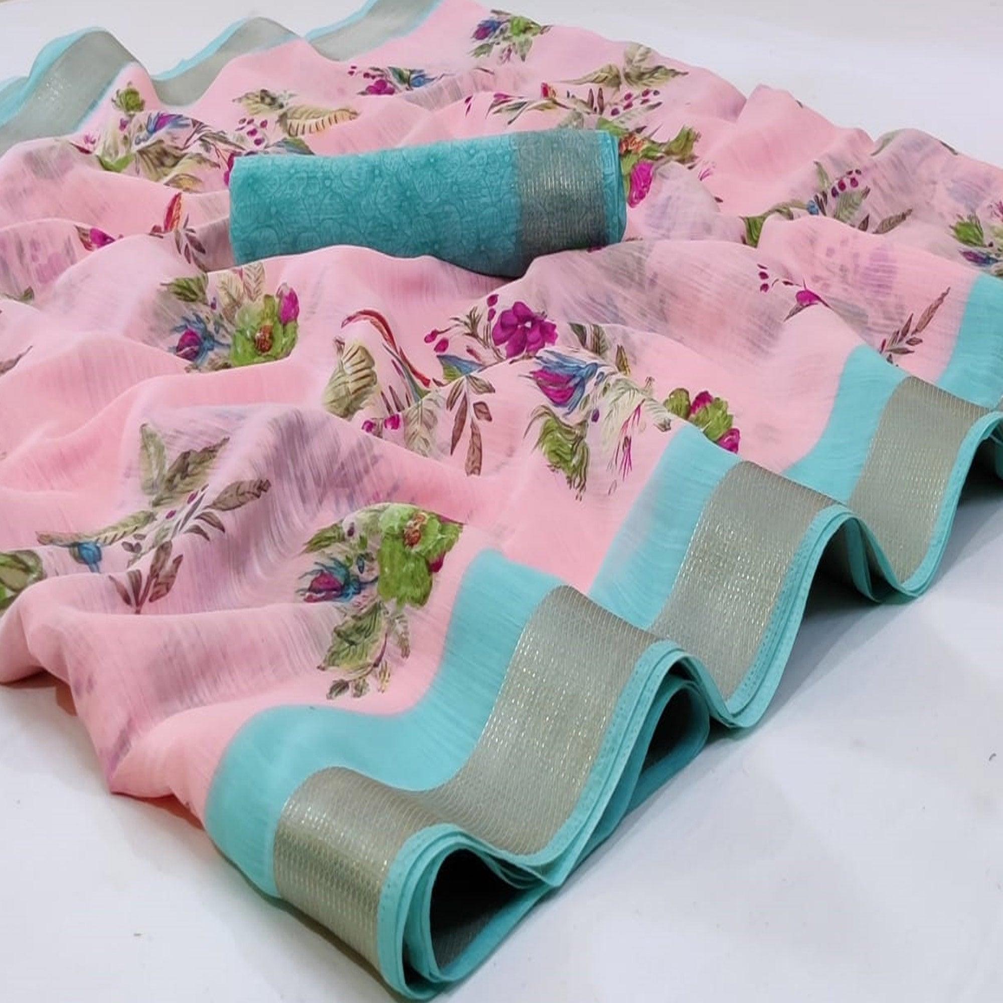 Peachmode Flattering Pink Colored Casual Wear Printed Linen Saree