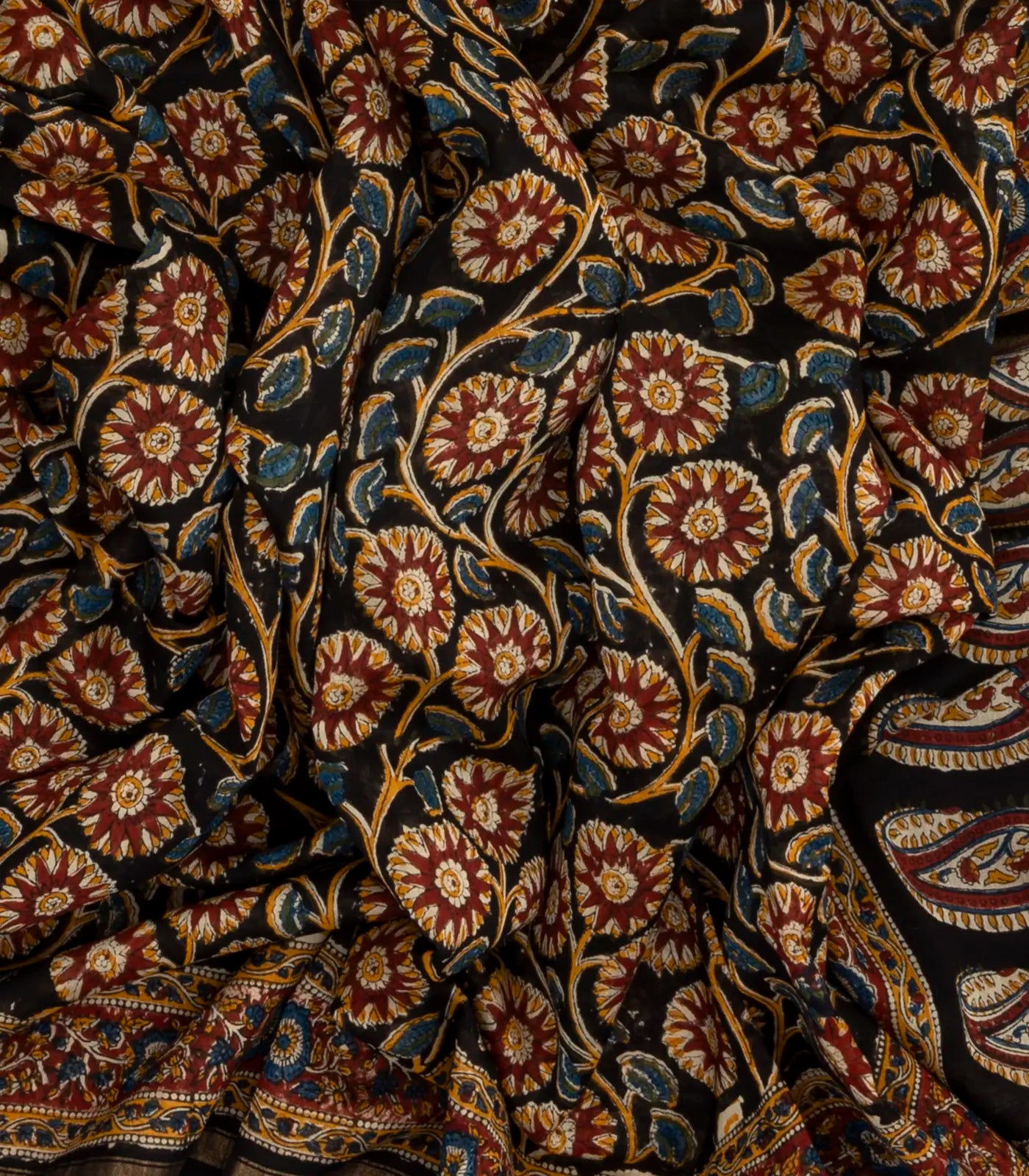 RmKV Black Handloom Chanderi Cotton Saree With Printed Floral Vine Motif - view 3