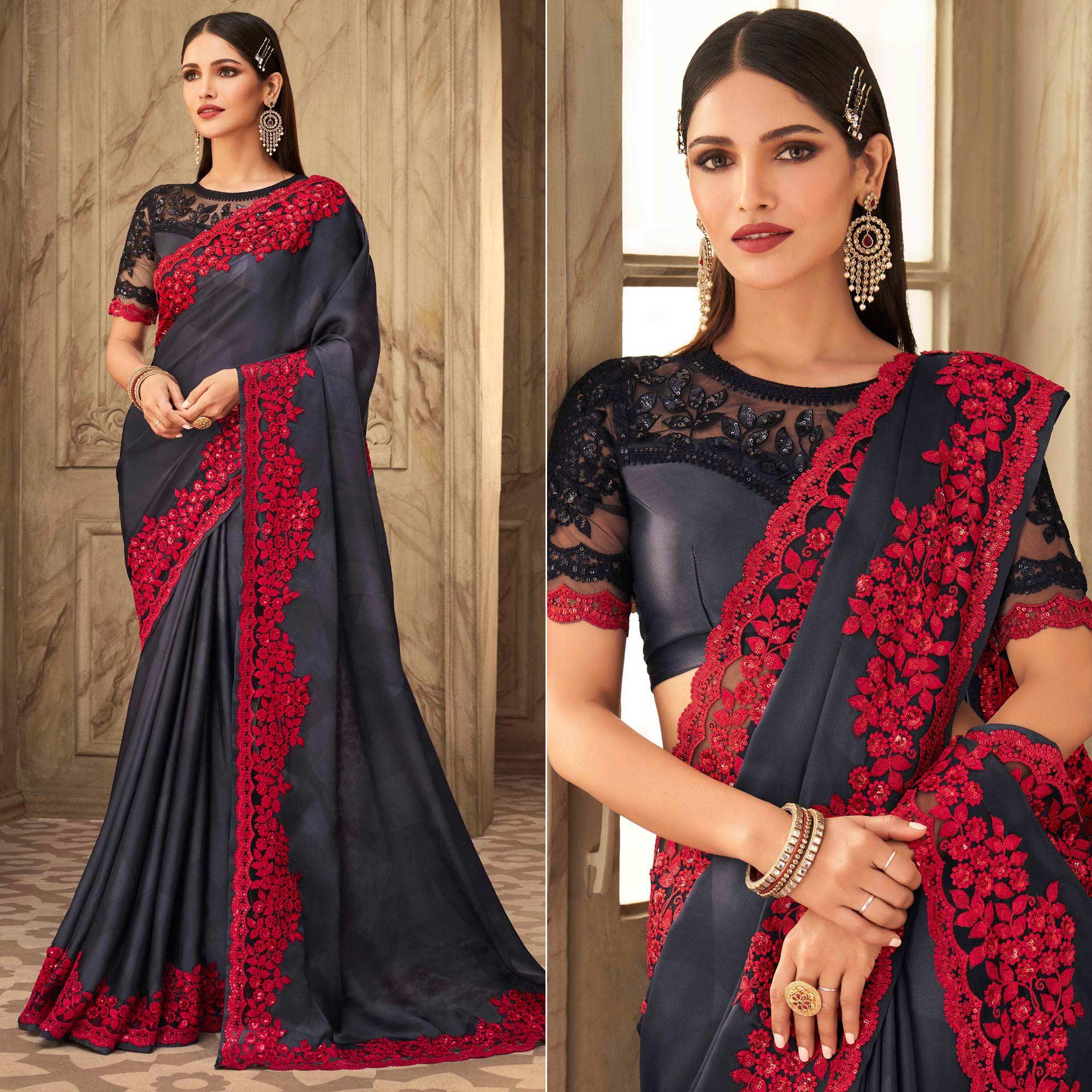Peachmode Charcoal Grey Partywear Sequins Embroidered Silk Saree