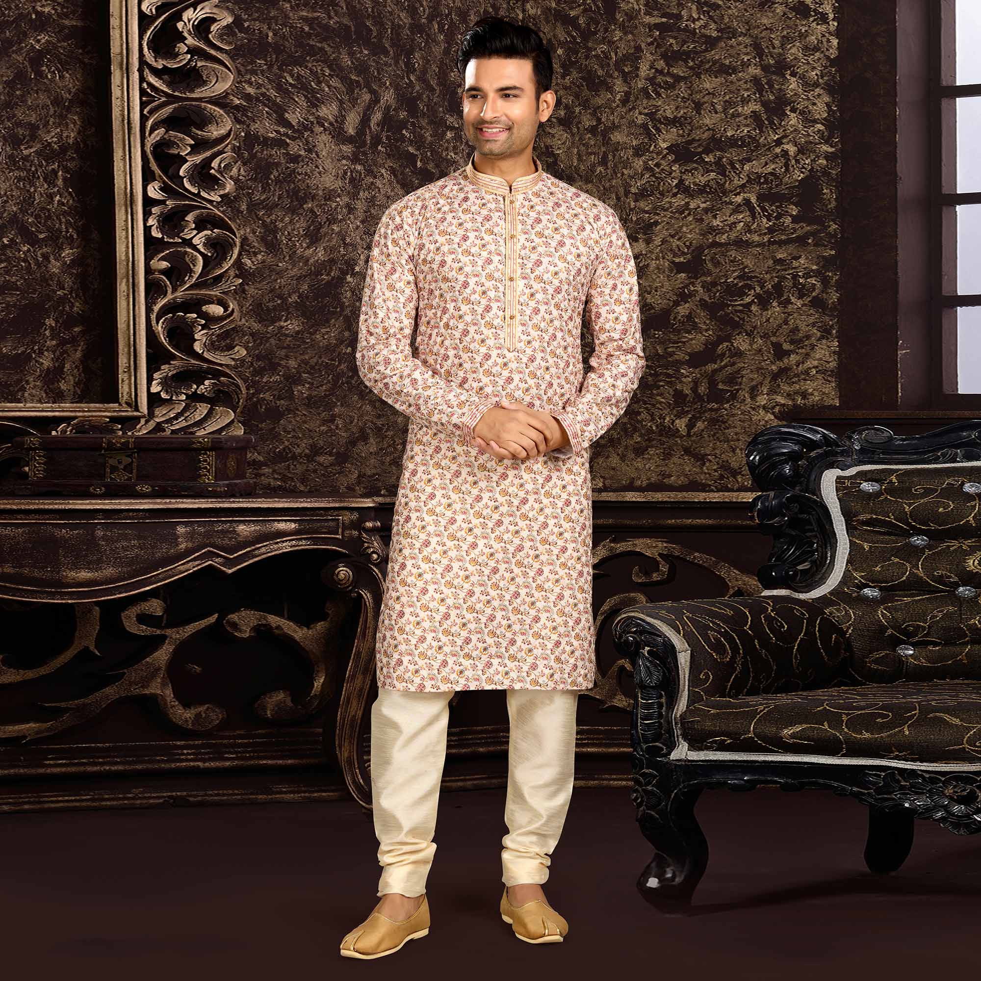 Peachmode Seller Cream Lucknowi And Digital Printed Cotton Kurta Pyjama Set - view 2