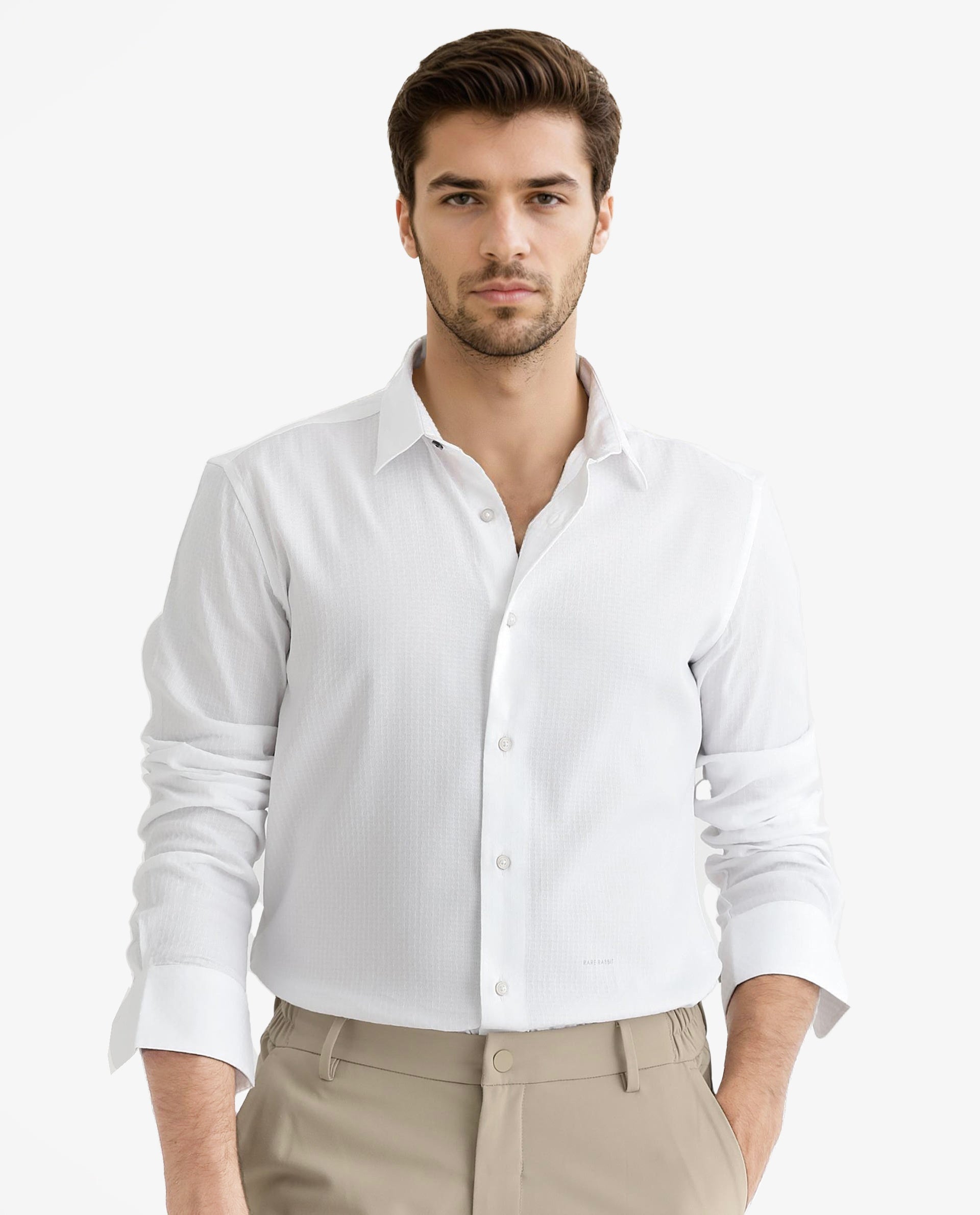 Rare Rabbit Men's Gleny White Cotton Polyester Fabric Full Sleeves Dobby Shirt