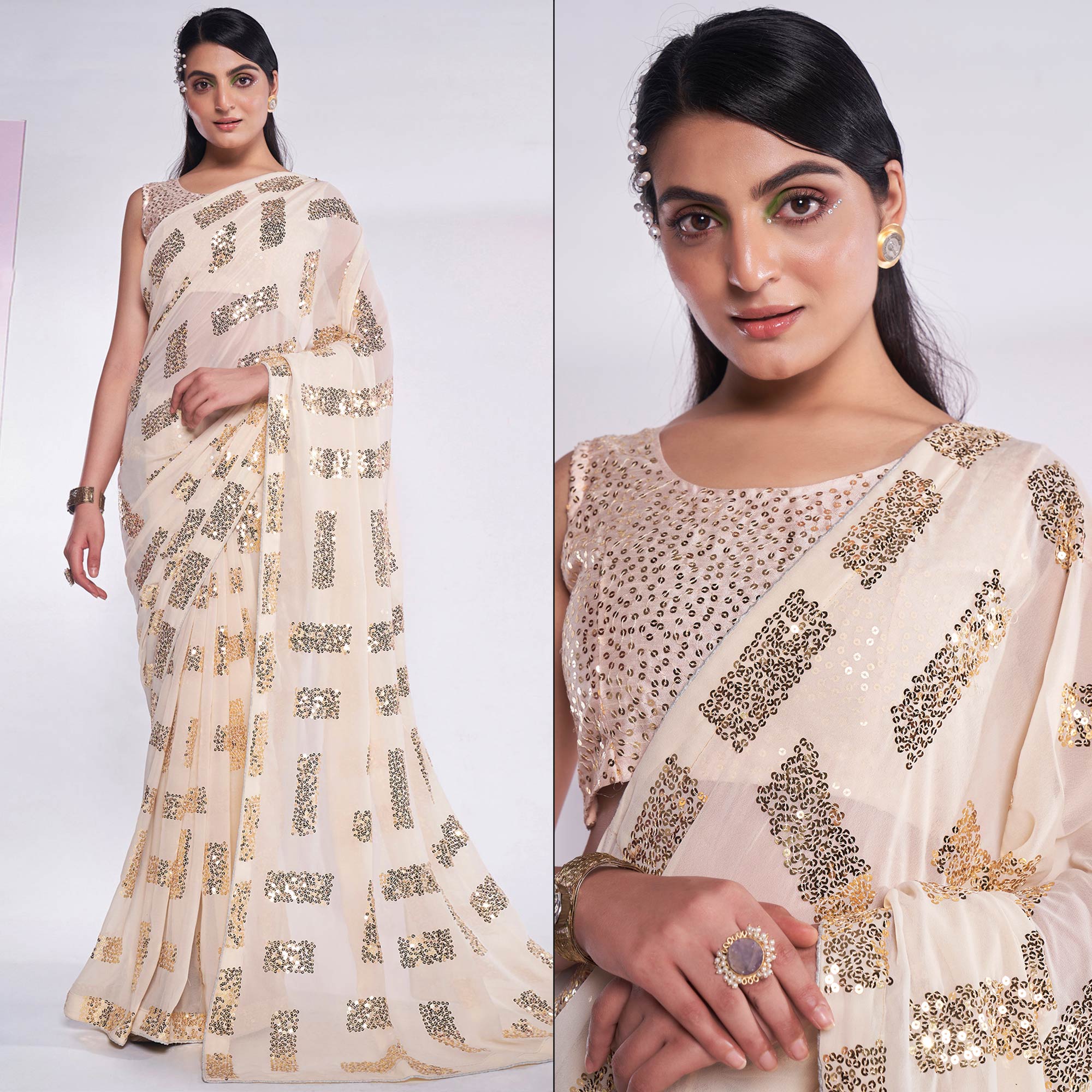 Peachmode Cream Sequins Embroidered Georgette Saree