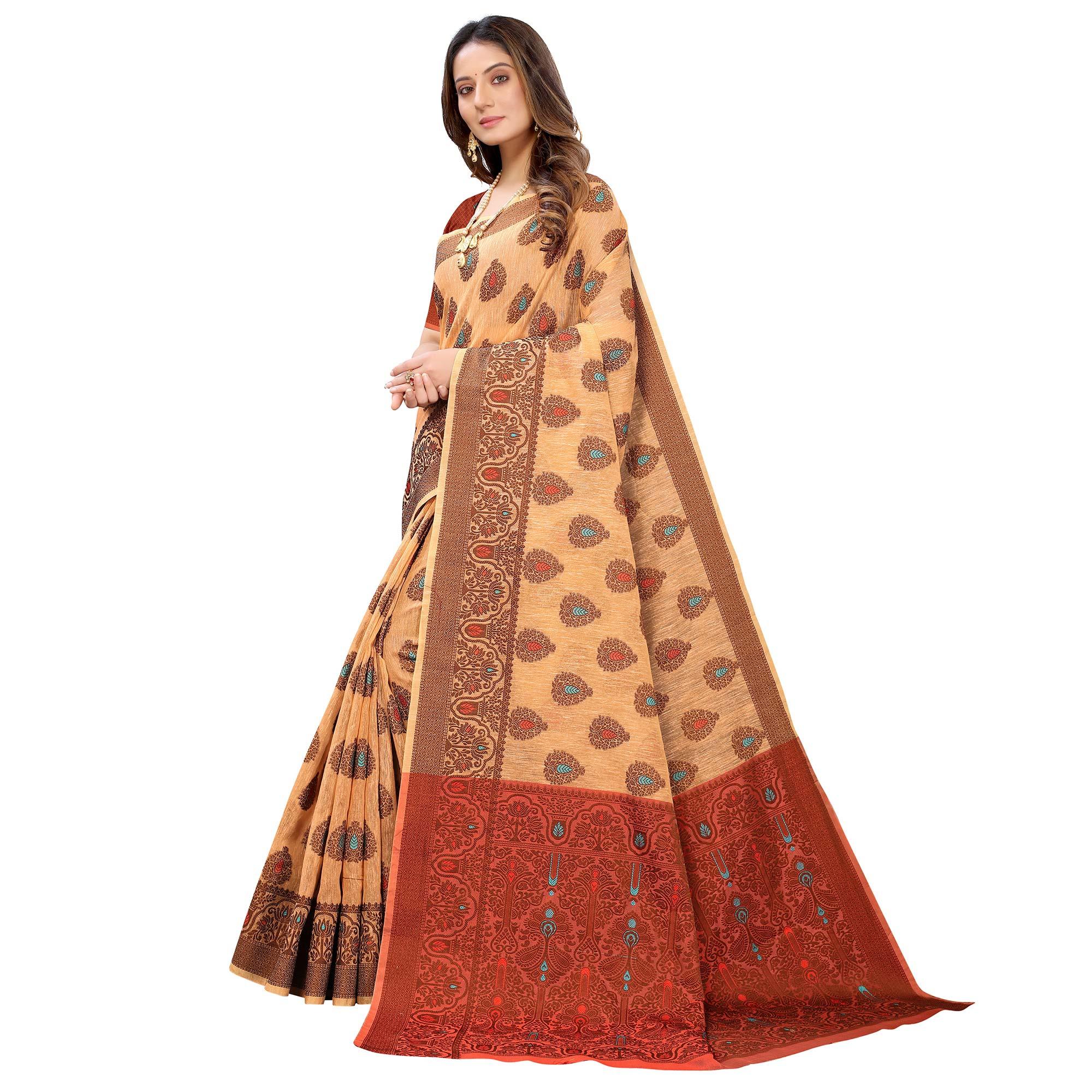 Peachmode Light Orange Festive Wear Woven With Meena Butta Rich Pallu Cotton Saree - view 2