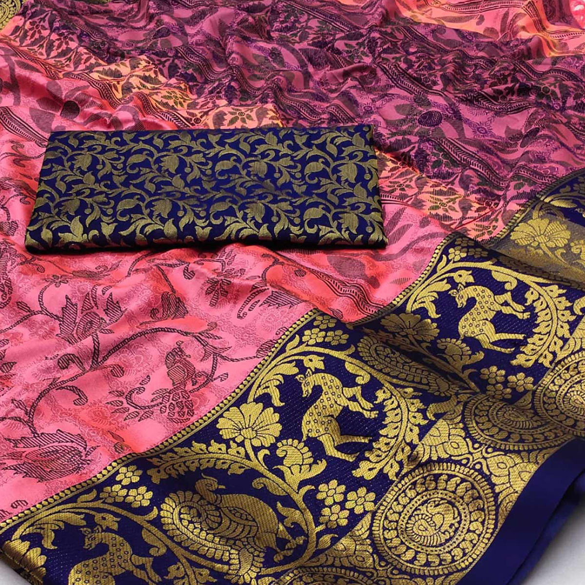 Peachmode Gajari Pink Printed With Woven Border Cotton Silk Saree - view 2
