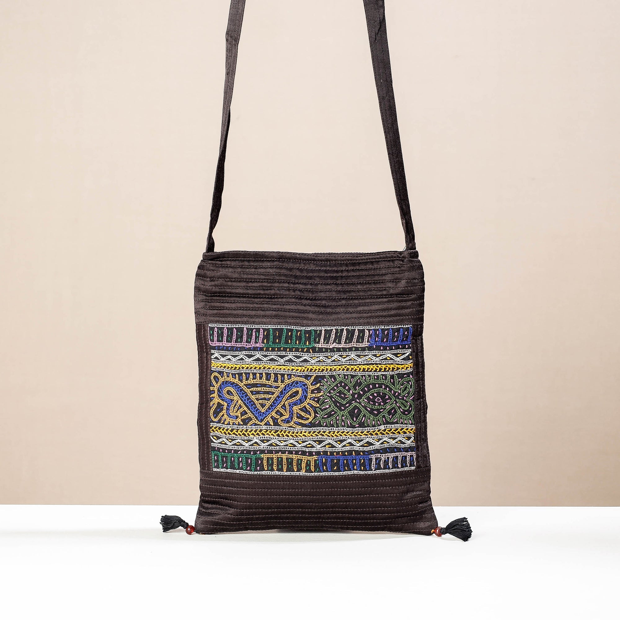 KACHCHH JI CHHAAP Brown - Kutch Rabari Hand Embroidery Mashru Silk Sling Bag - view 2