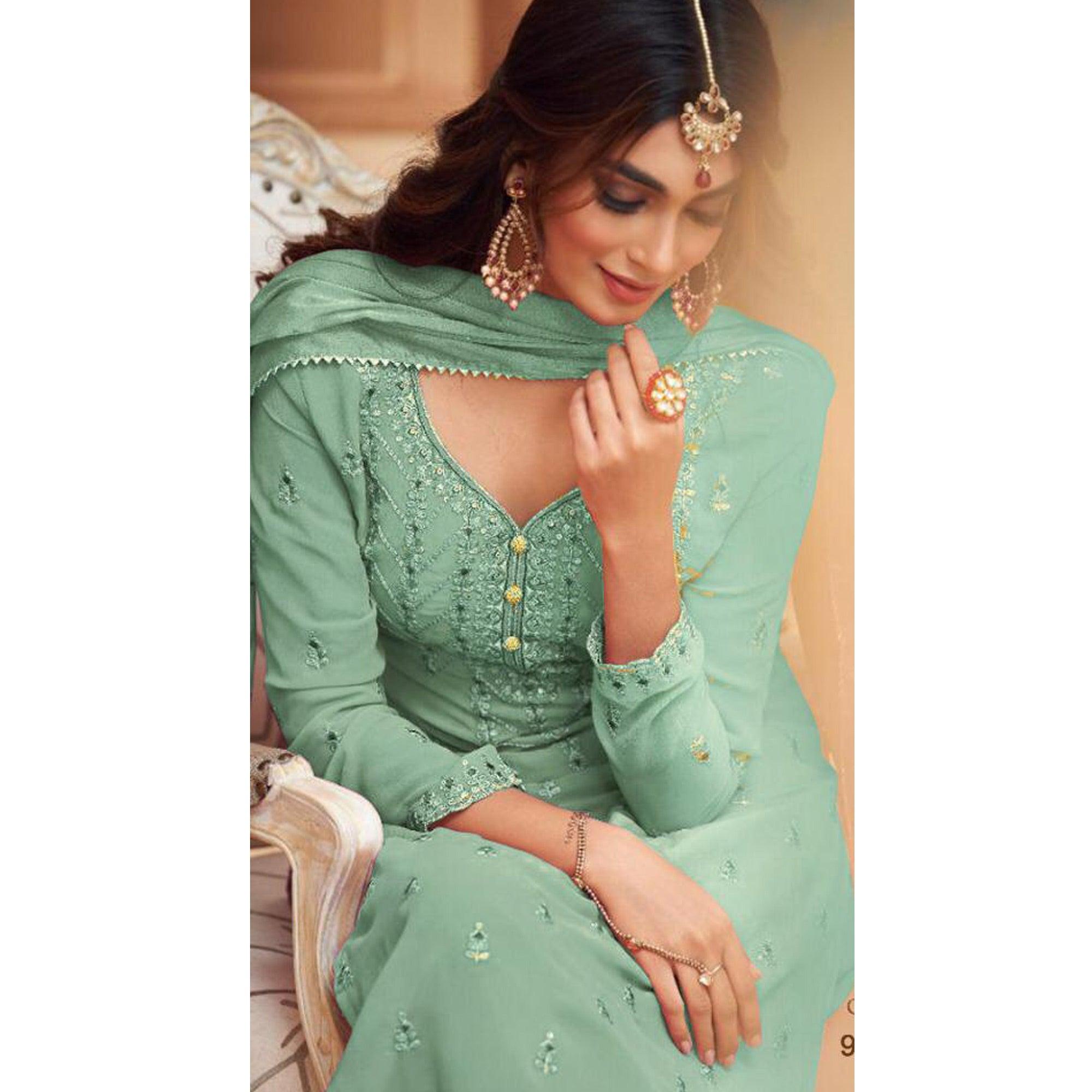 Peachmode Light Cyan Partywear Designer Embroidery Heavy Faux Georgette Salwar suit - view 2