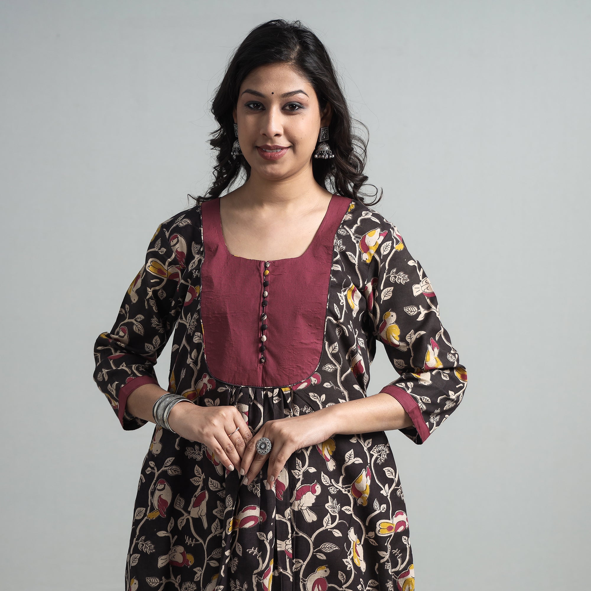 ITOKRI CASUALS Black - Kalamkari Printed Cotton A-Line Long Kurta with Patchwork