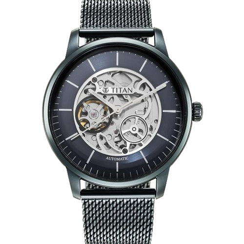Titan Skeletal Automatic Blue Dial Blue Stainless Steel Strap Watch for Men 44mm NR90110QM01