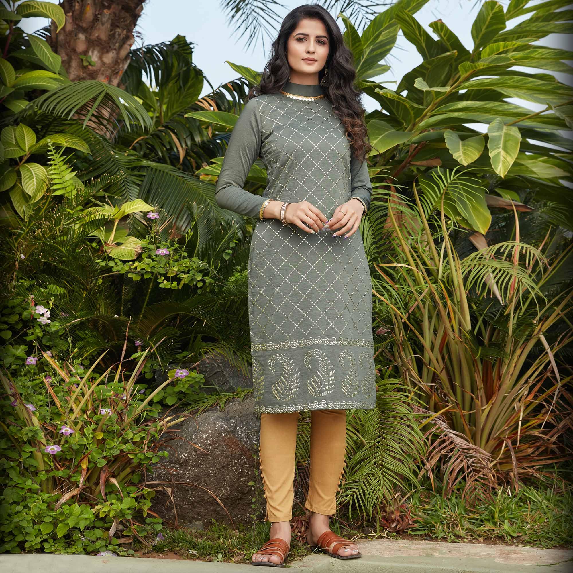 Peachmode Charming Olive Green Casual Wear Glistering Embellishment Silky Cotton Kurti