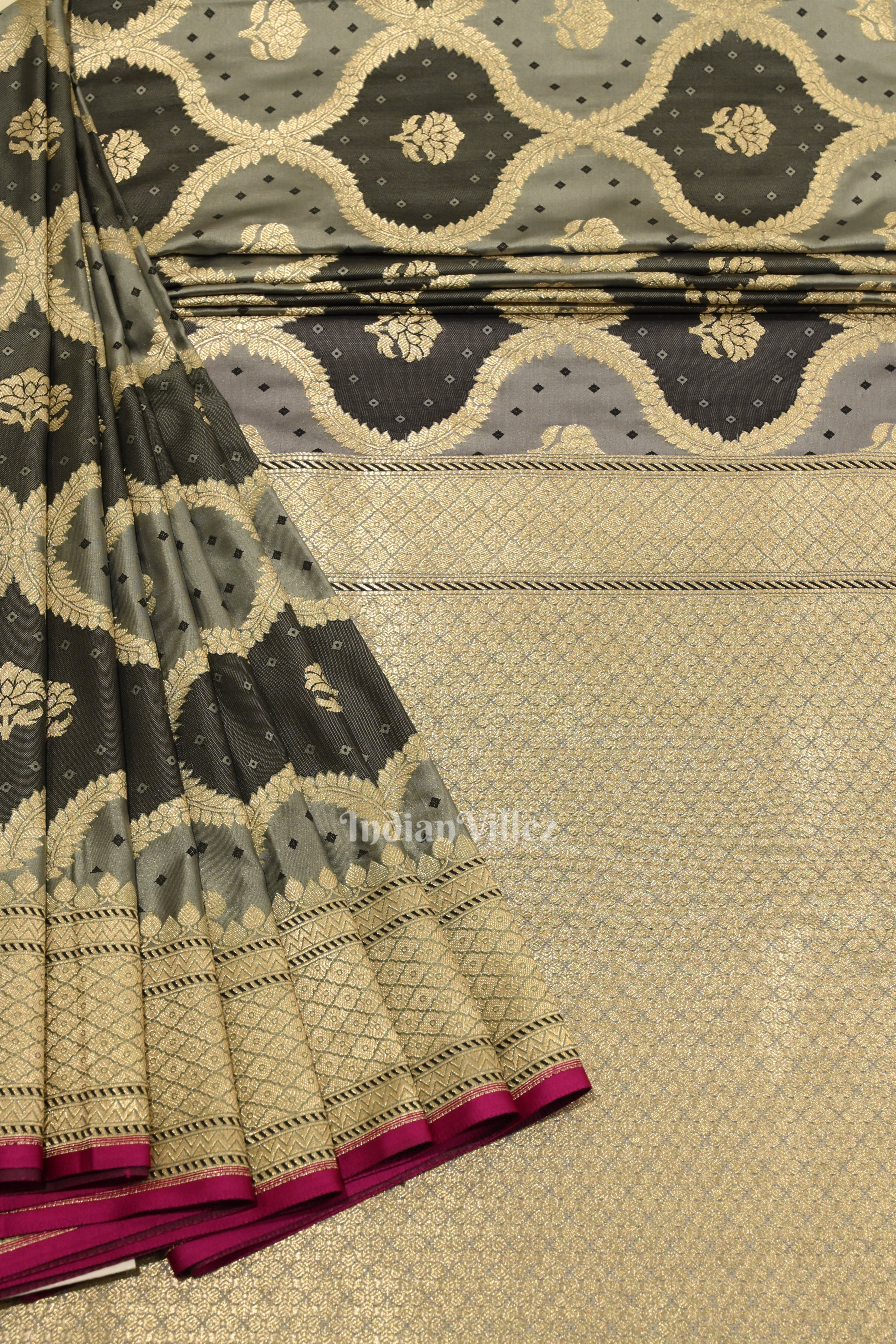 IndianVillèz Cement Gray Rangkart Mashru Satin Silk Banarasi Saree