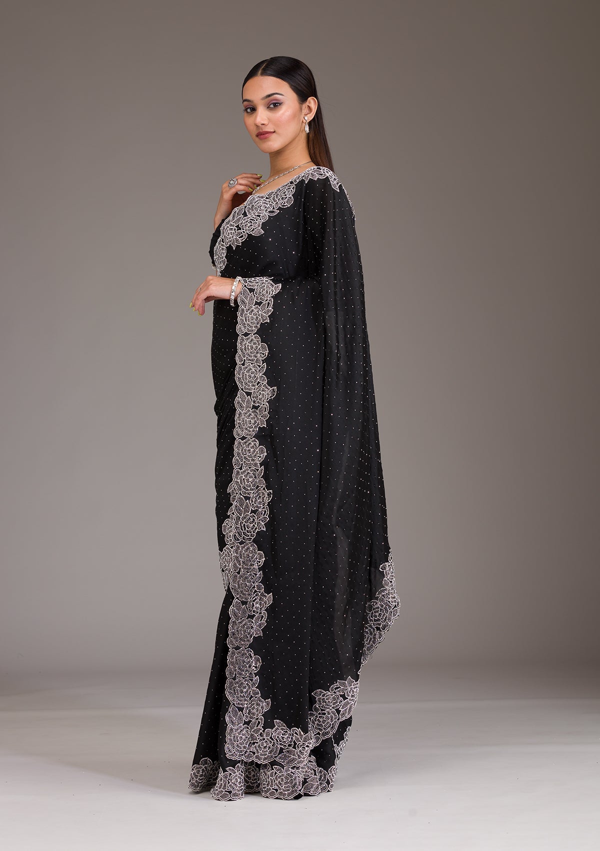 Koskii Black Swarovski Satin Saree – Women's - view 7
