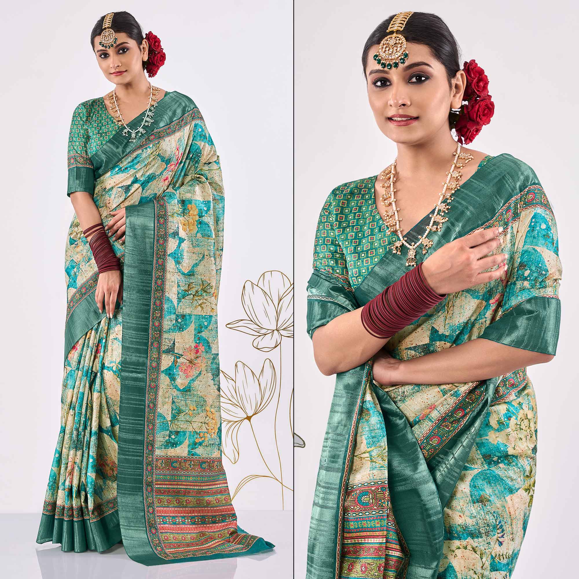 Peachmode Cream & Blue Printed Art Silk Saree
