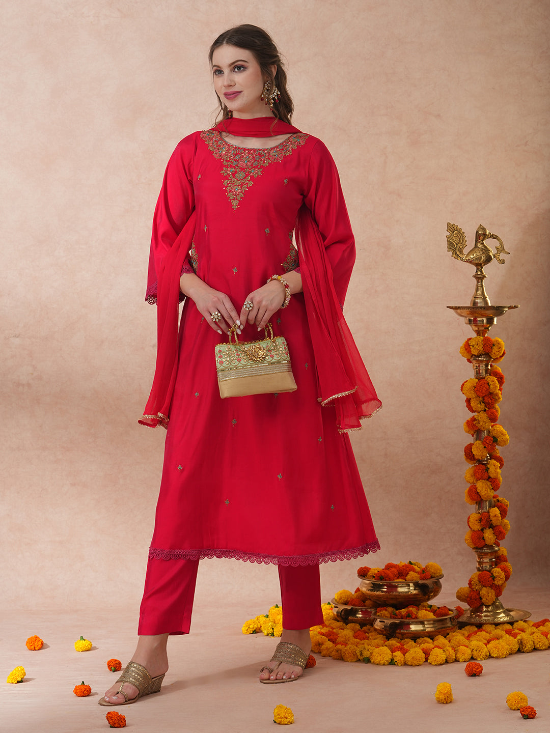 FASHOR Ethnic Floral Embroidered A-Line Kurta with Pant and Dupatta - Pink