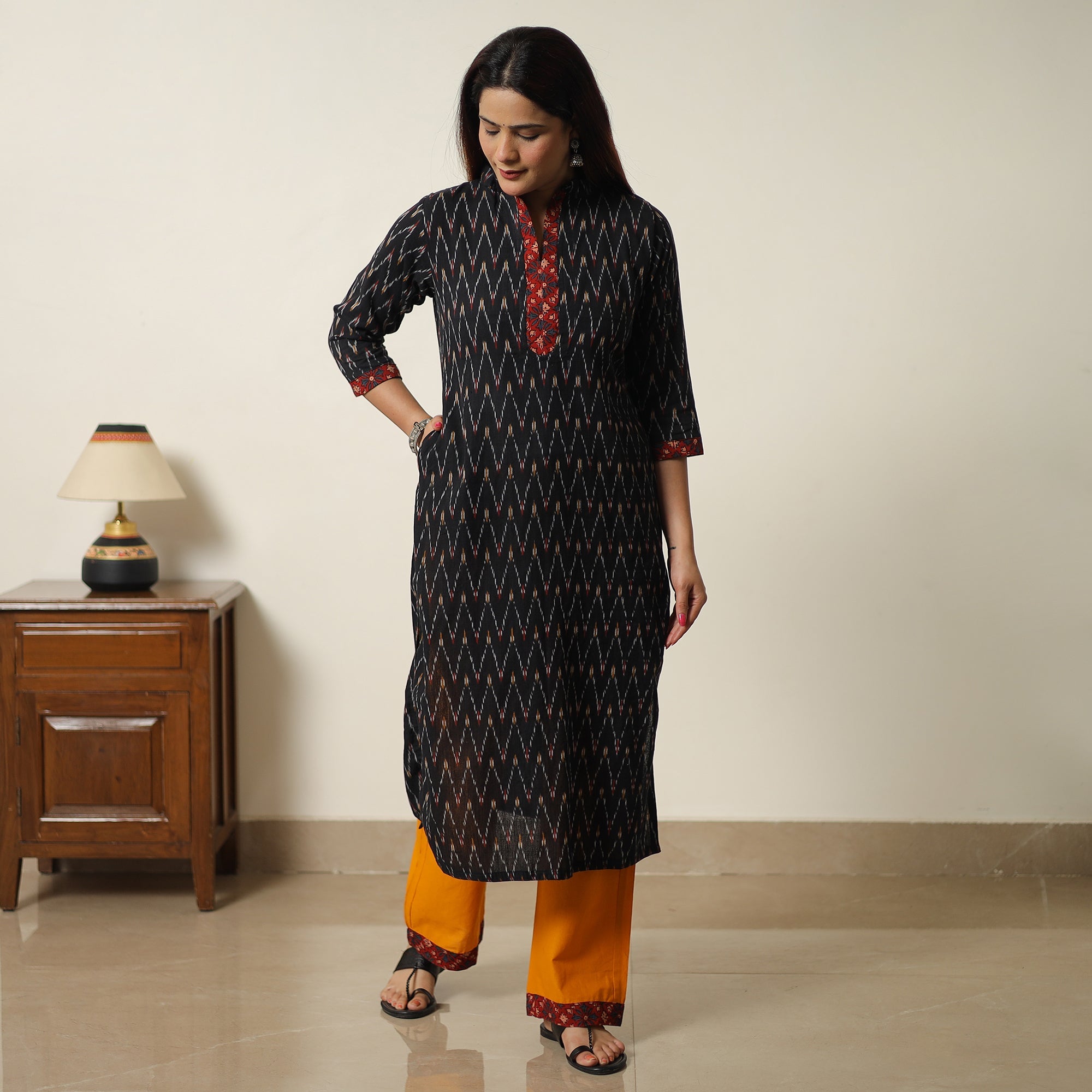 ITOKRI CASUALS Black - Pochampally Ikat Weave Cotton Kurta with Palazzo & Dupatta Set 07 - view 4
