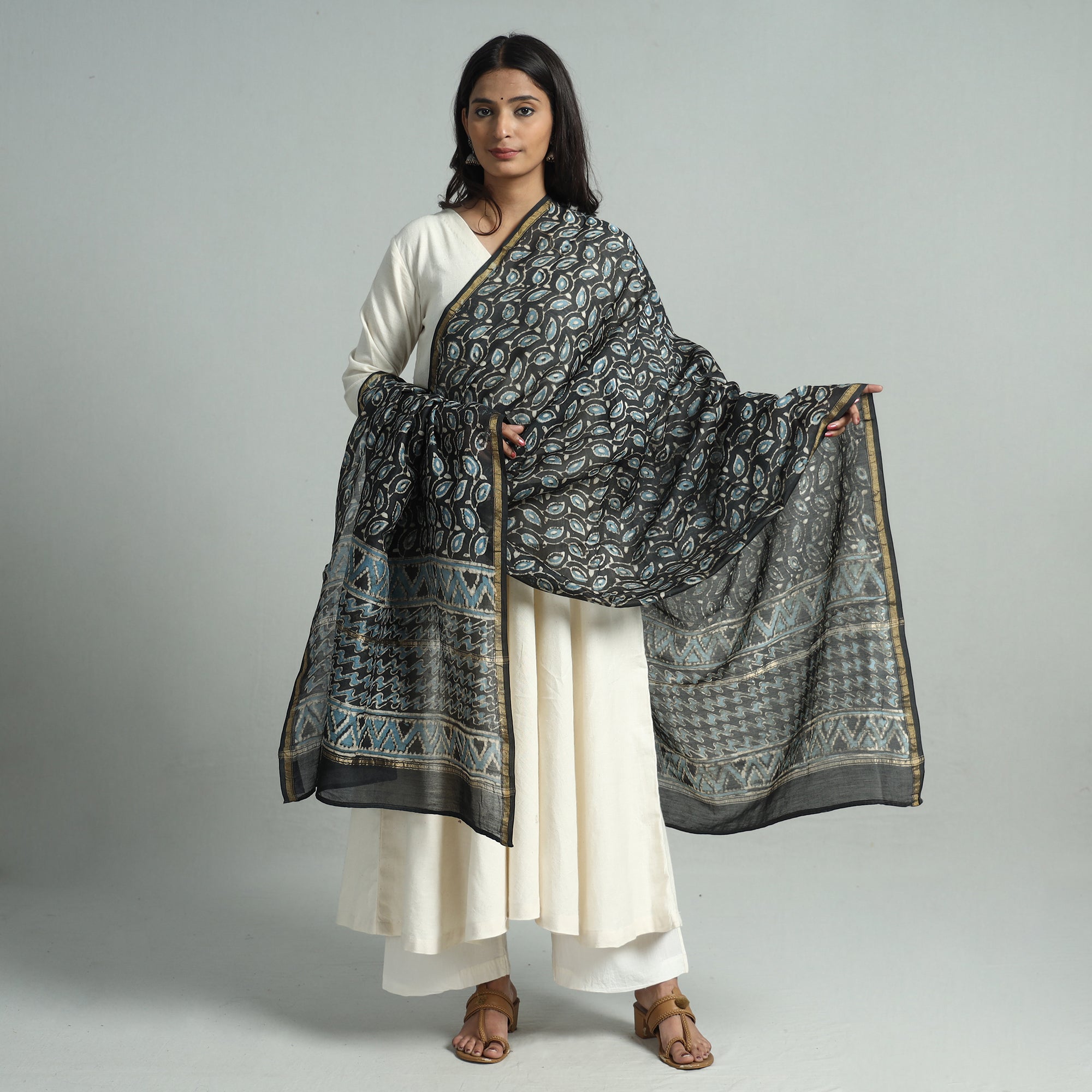 HAVELI CHRONICLES Black - Pipad Block Printed Handloom Chanderi Silk Dupatta 71