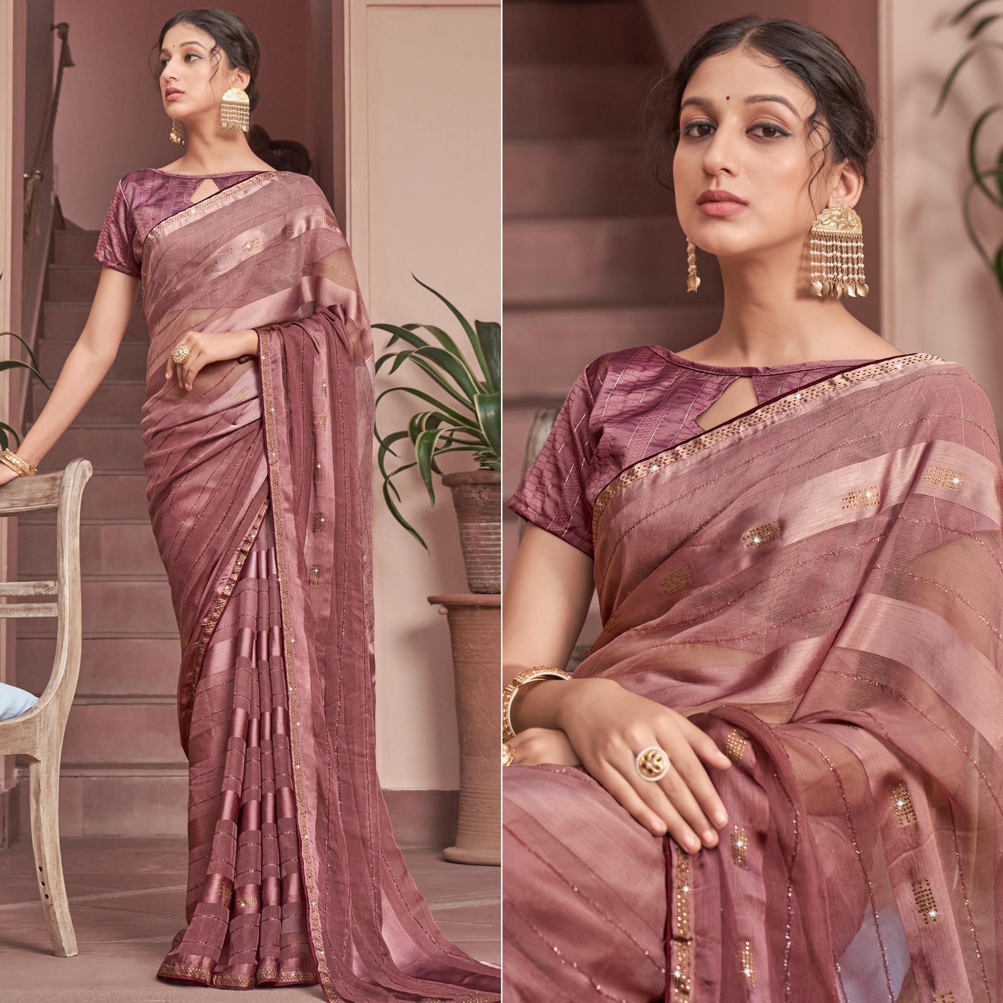 Peachmode Mauve Swarovski Work Georgette Saree