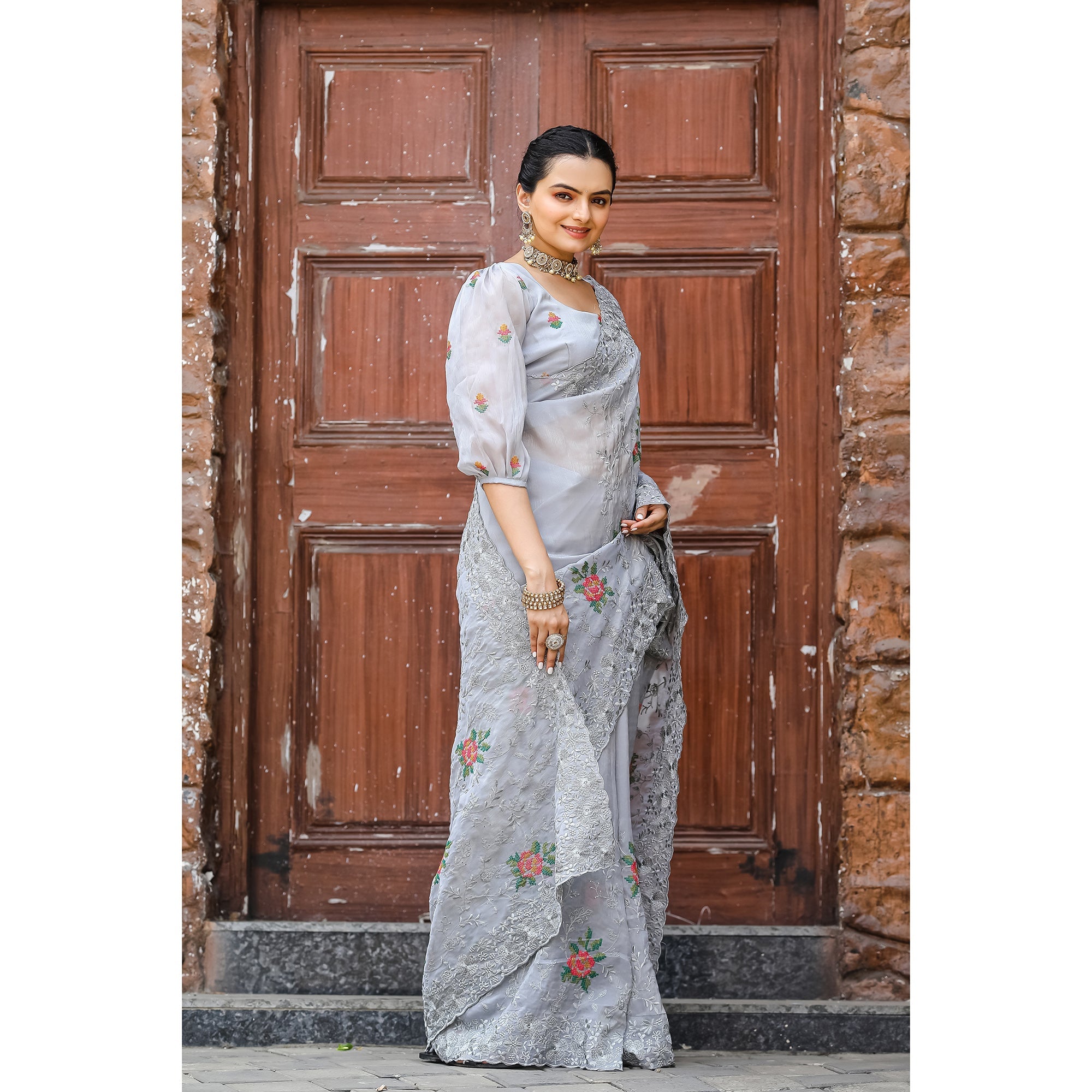 TASARIKA COUTURE Ankita Grey Chiffon Handwork Saree - view 3