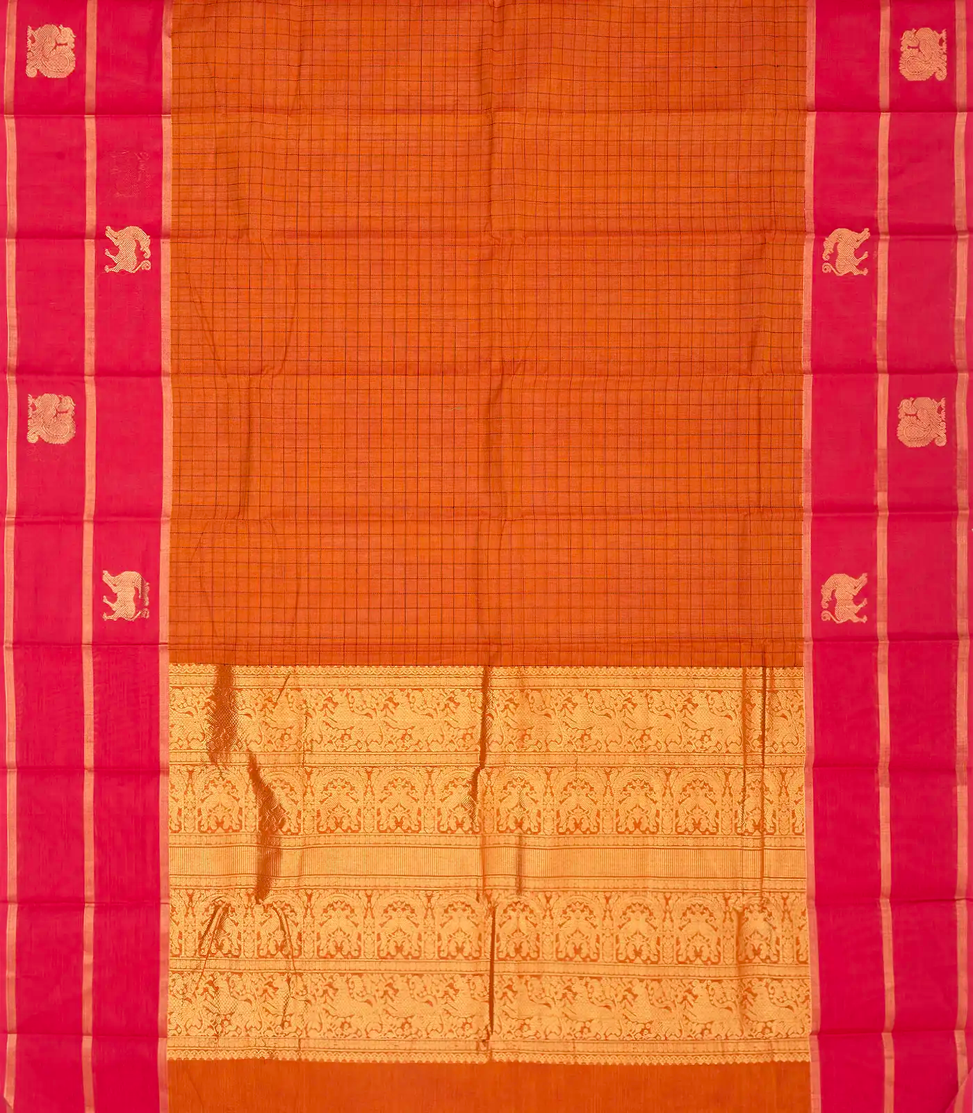 RmKV Orange Handloom Kanchi Cotton Saree With Checks - view 2