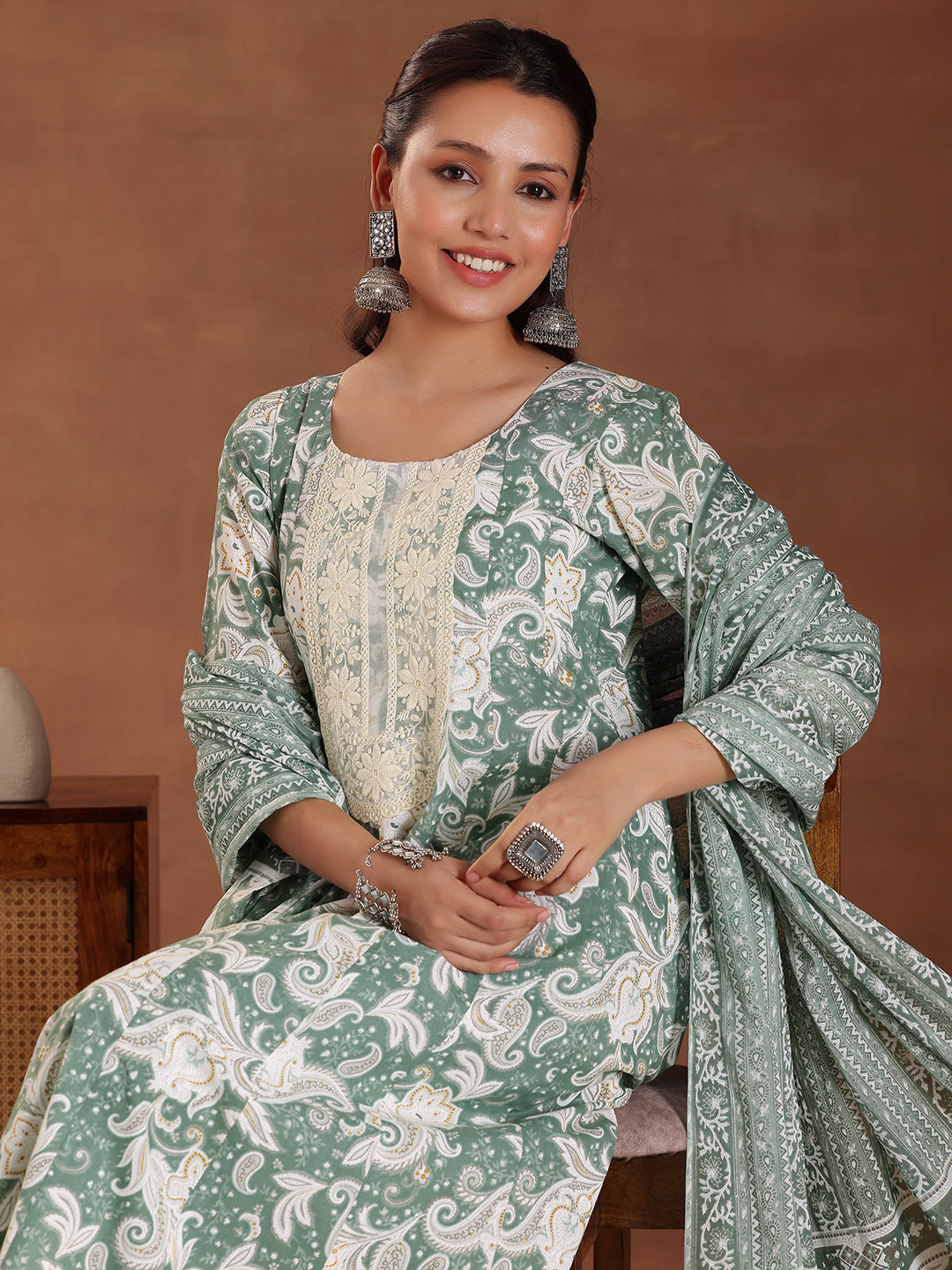 Libas Green Printed Cotton Anarkali Suit With Dupatta - view 6