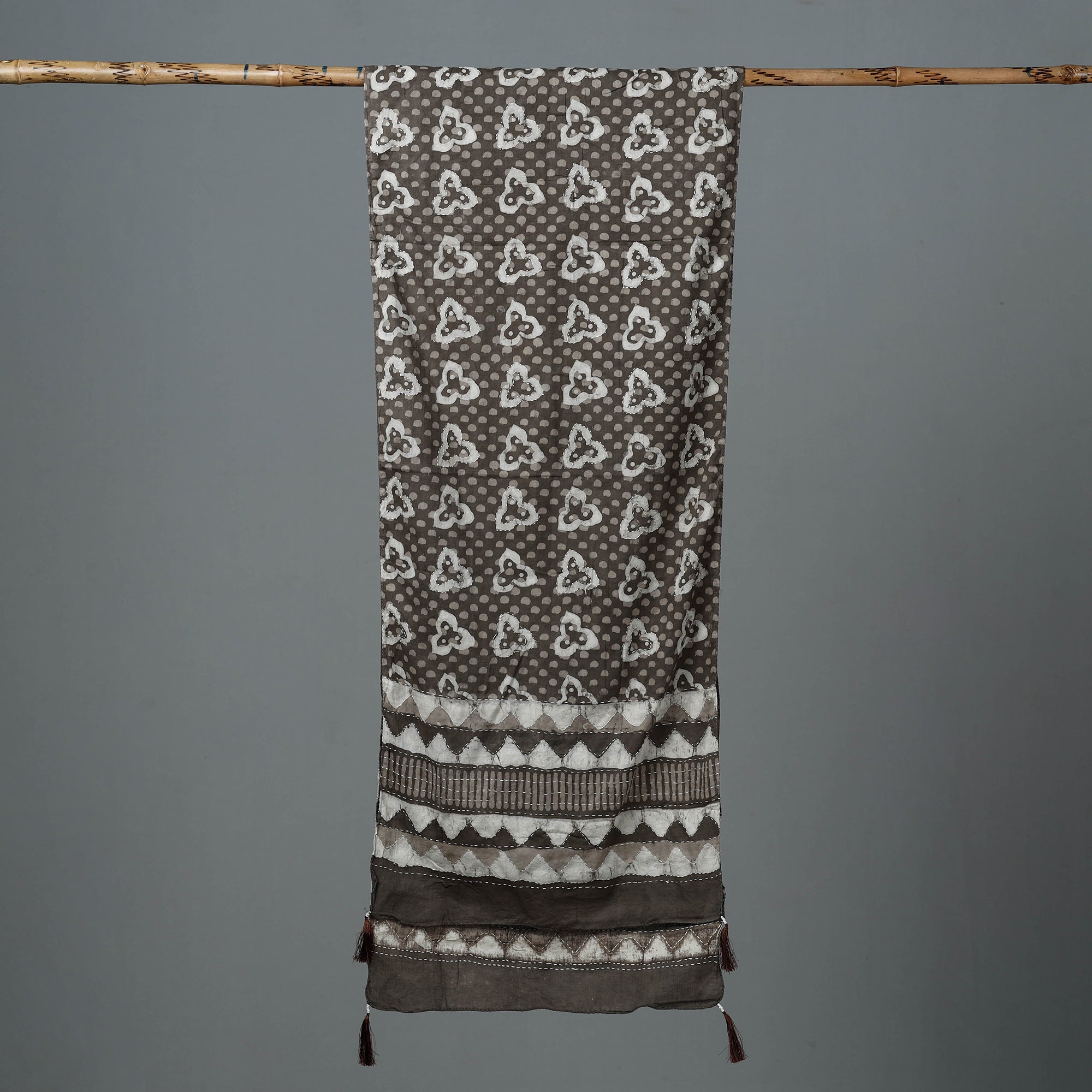 ARTISAN HAND BLOCK PRINTS Brown - Bagru Block Printed Tagai Work Cotton Stole with Tassels - view 3