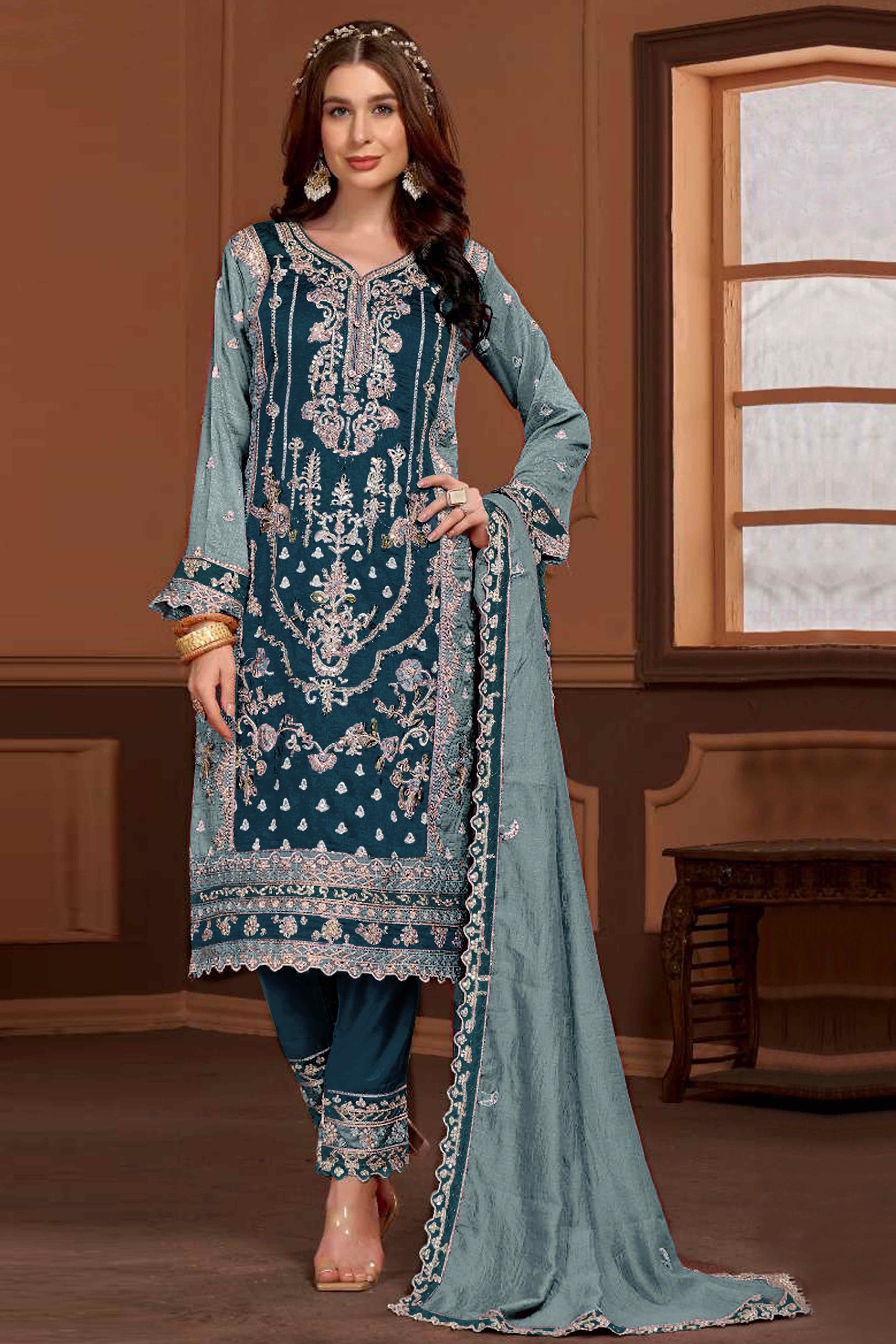 Peachmode Morpich Blue Floral Sequins Embroidery Vichitra Silk Semi Stitched Pakistani Suit