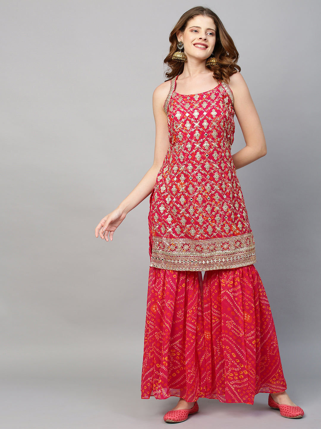 Fashor Zari Embroidered & Bandhani Printed Kurta with Sharara & Dupatta - Hot Pink - view 13