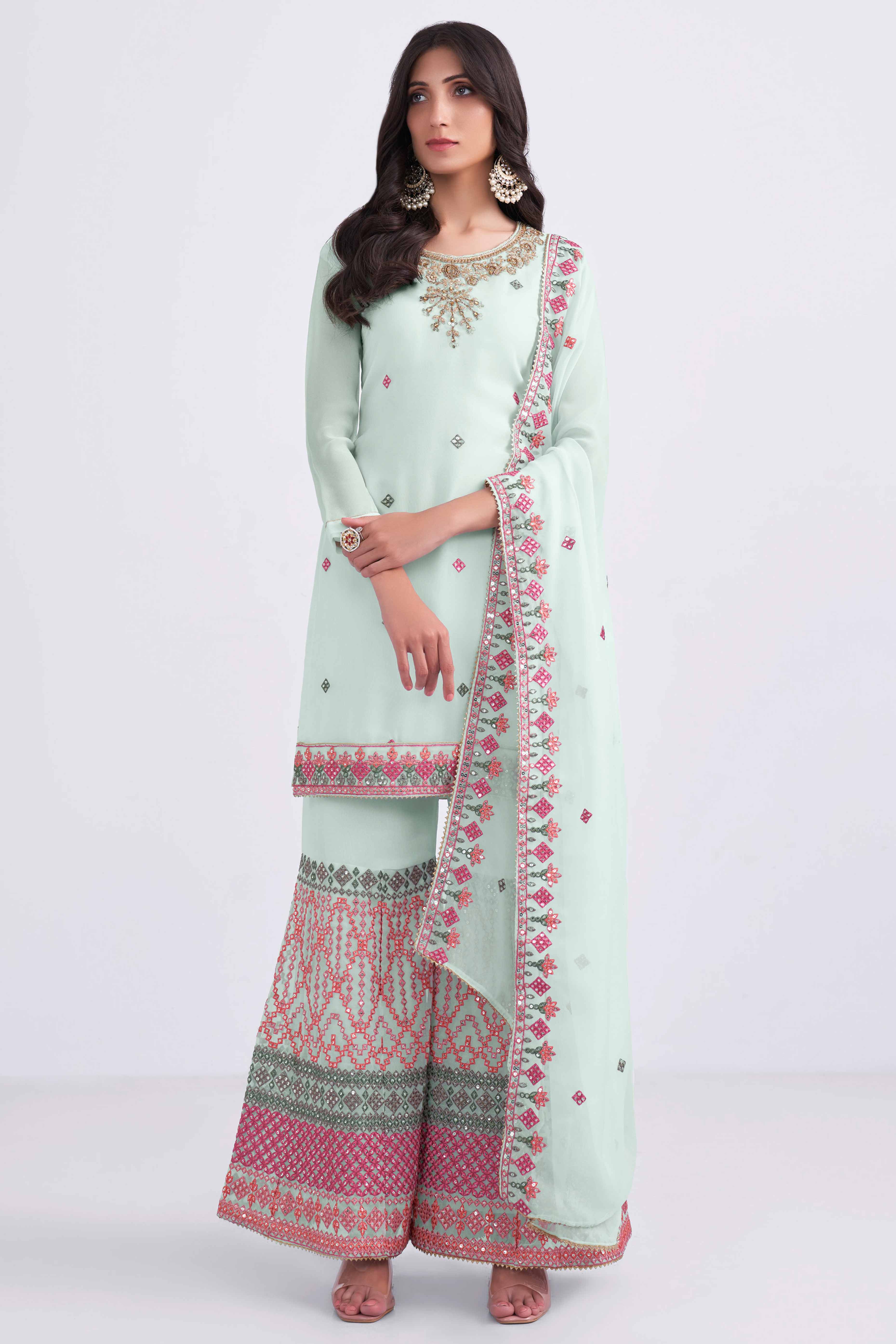 Peachmode Seller Light Blue Sequins Embroidered With Stonework Georgette Semi Stitched Suit