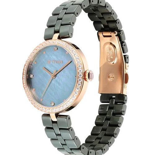 Titan Purple Ceramics Quartz Analog Mother of Pearl Dial Green Ceramic Strap Watch For Women 34mm 95215KC04 - view 2