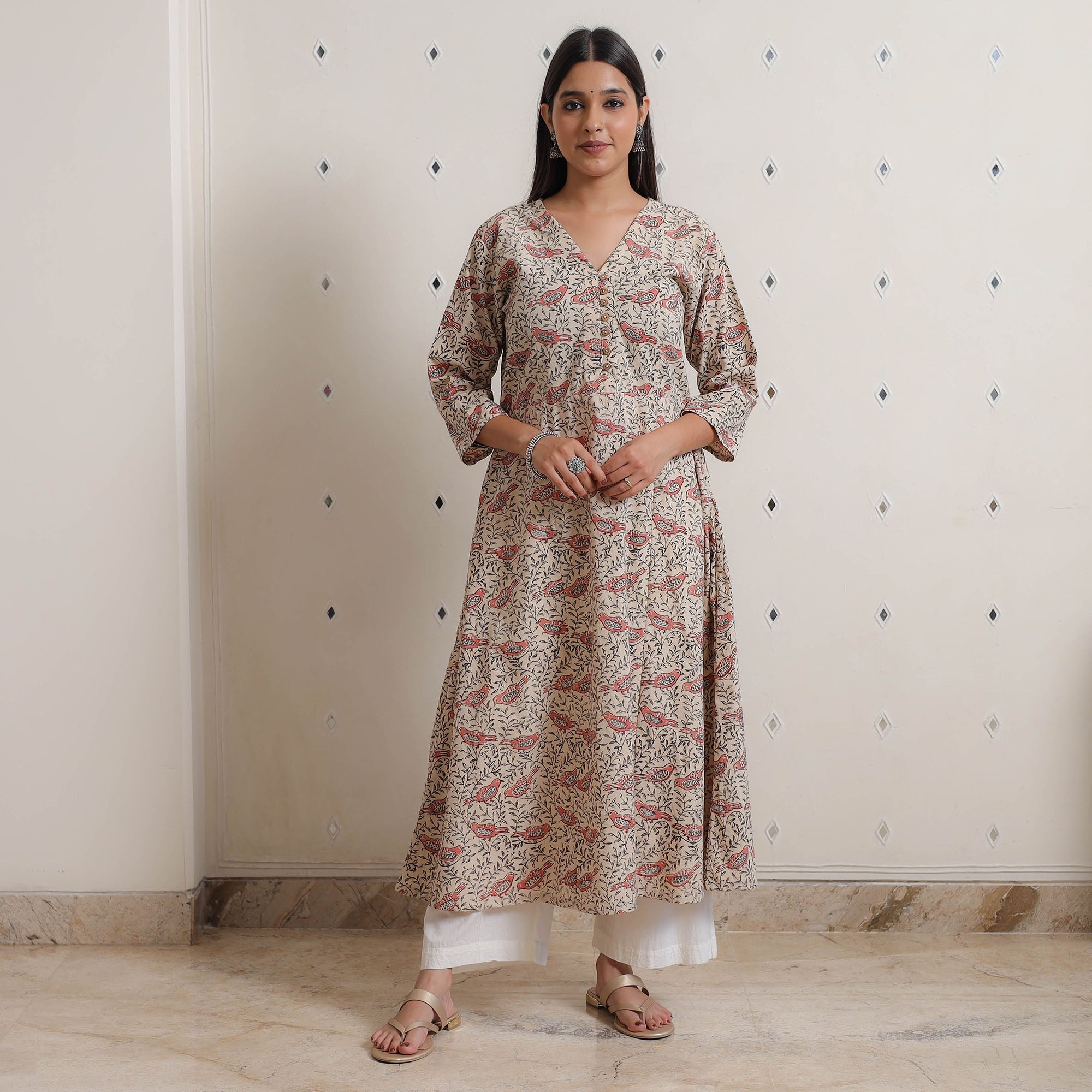 ITOKRI CASUALS Beige - Pedana Kalamkari Block Printed Cotton A-Line Kurta 04 - view 2
