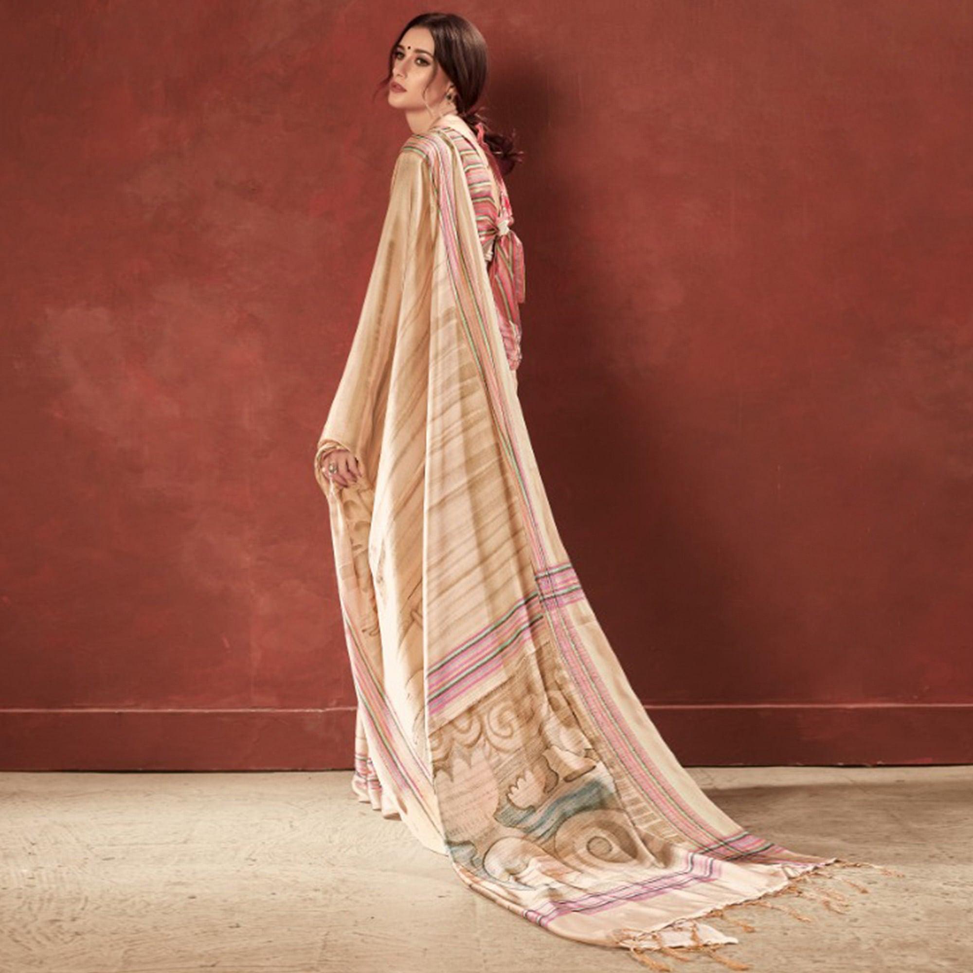 Peachmode Majesty Cream Colored Casual Wear Printed Satin Crepe Saree With Tassels