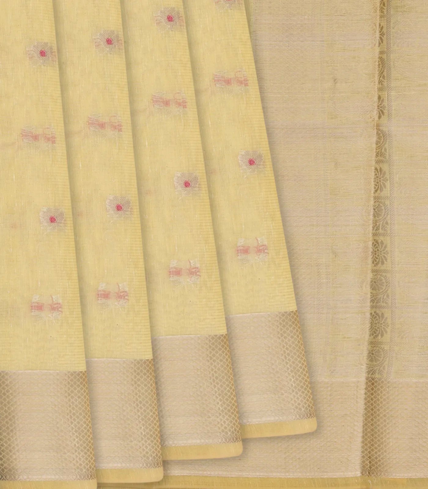 RmKV Cream Woven Blended Linen Saree With Floral Butta & Zari Border-Cream