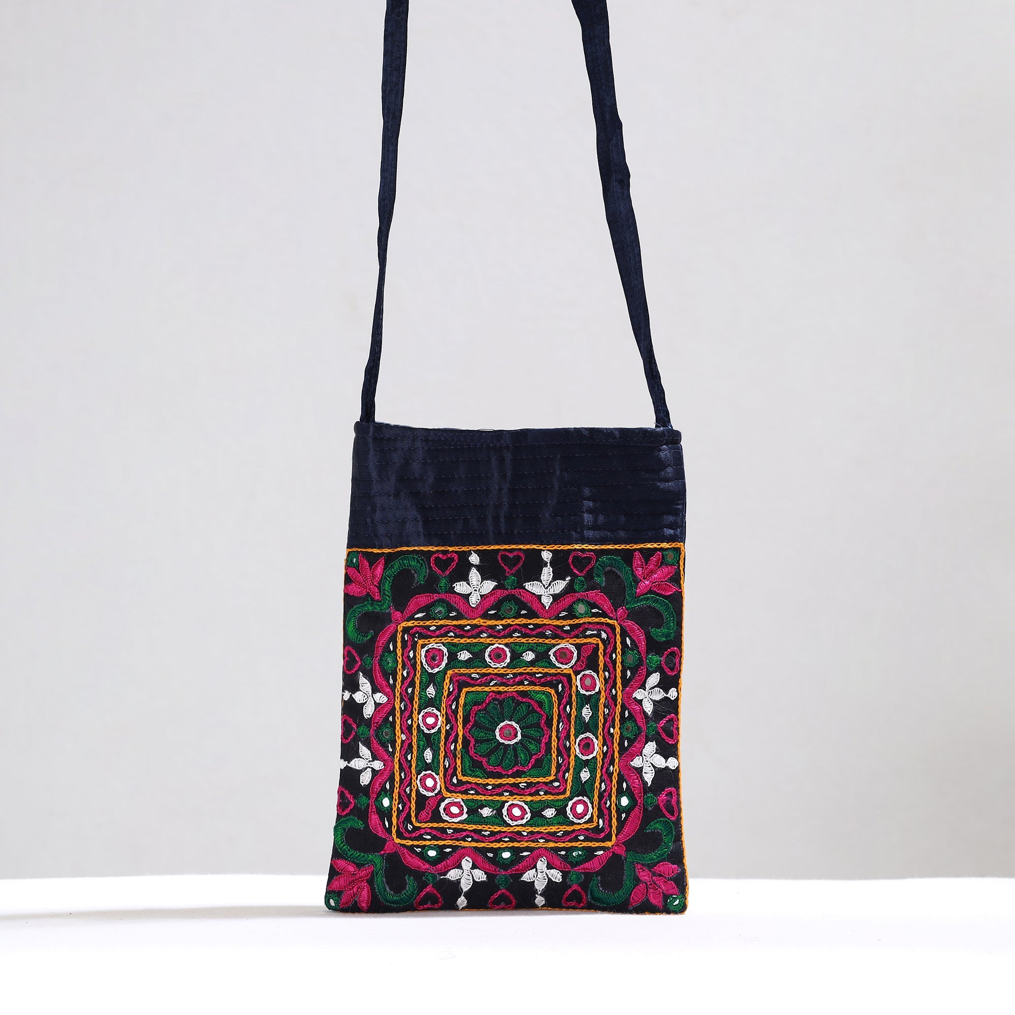 KACHCHH JI CHHAAP Black - Kutch Pakko Hand Embroidery Mirror Work Mashru Silk Sling Bag 101