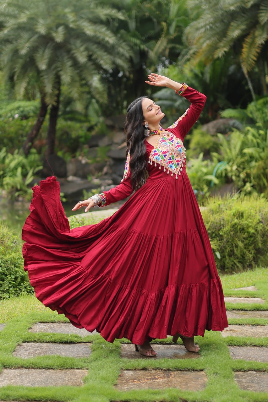 ClothsVilla Maroon Partywear Gown with Kutchi Gamthi Work and 3-Layer Frill Stitch - view 2