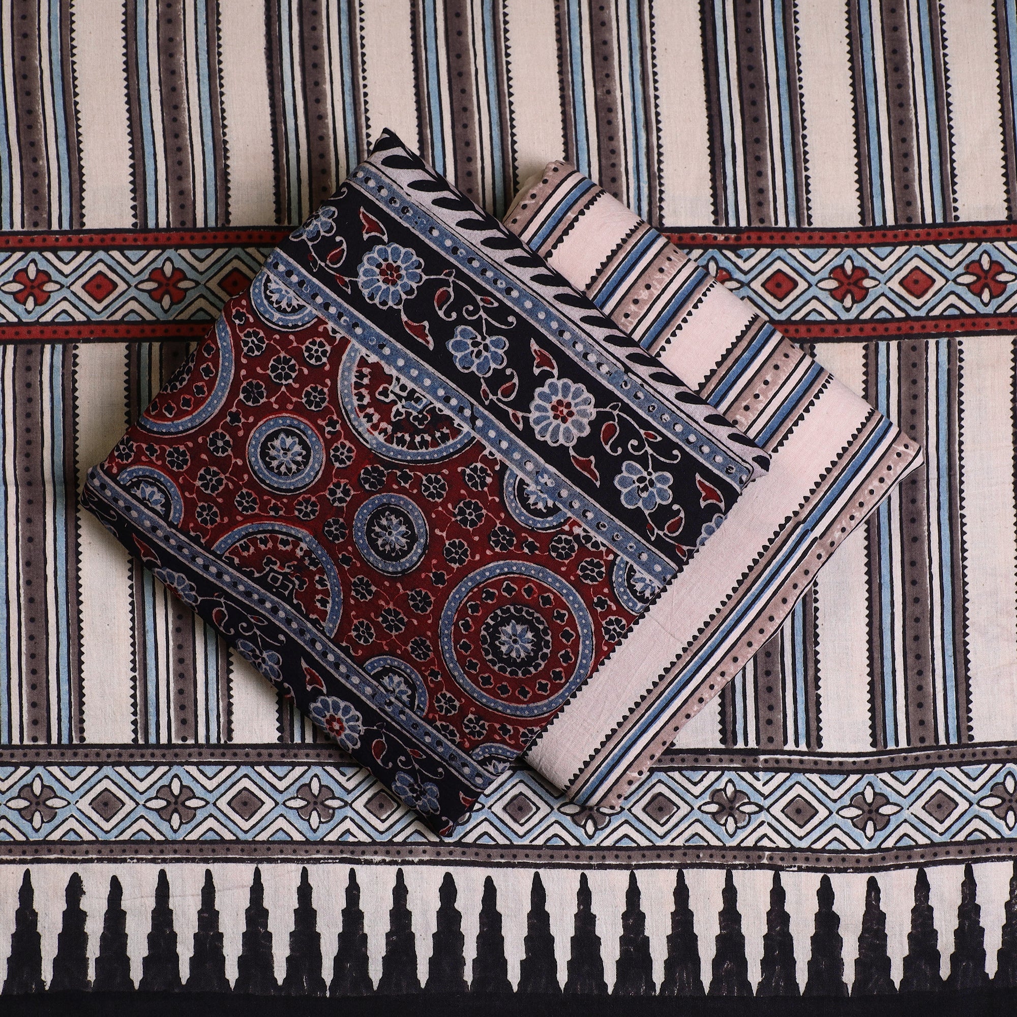 AJRAKH BY JABBAR KHATRI Black - Kutch Block Print Cotton 3pc Ajrakh Dress Material 07 - view 2