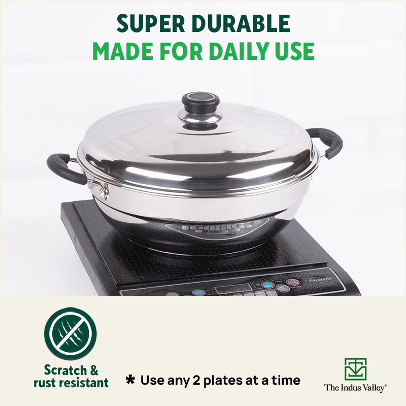 The Indus Valley Tri-Steel Premium Stainless Steel Idli/ Dhokla/ Momo Maker/ Multi Pot/ Veg Steaming Set, Tri-ply Induction Bottom, 5 Plates, 4 pit - view 8