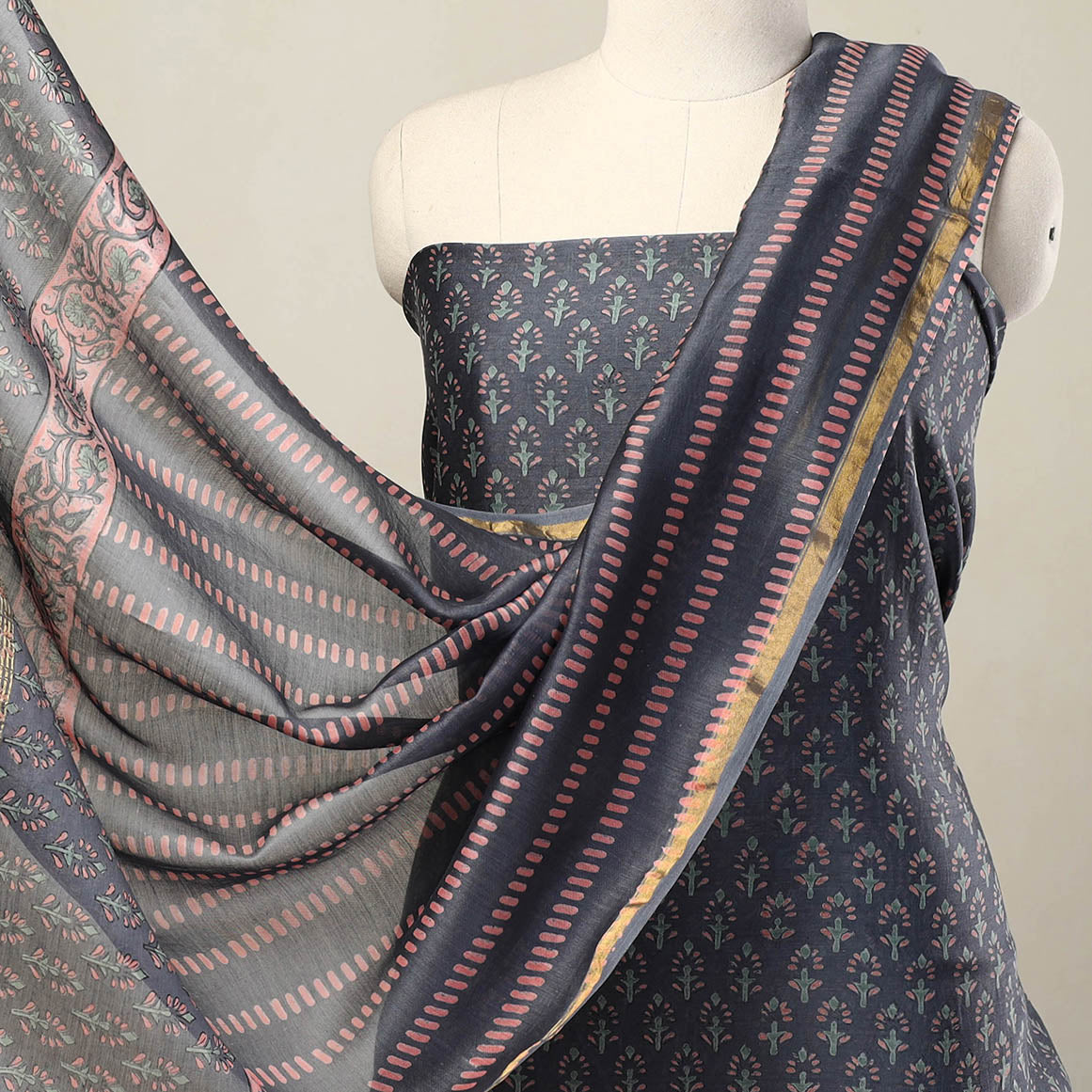 ARTISAN HAND BLOCK PRINTS Blue - 3pc Sanganeri Block Print Chanderi Silk Dress Material 21 - view 3