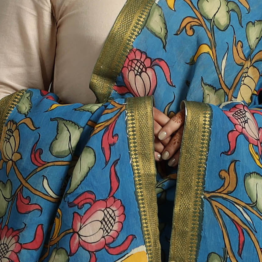 SOUTH KARGHA Blue - Chanderi Silk Srikalahasti Handpainted Pen Kalamkari Dupatta 24 - view 4