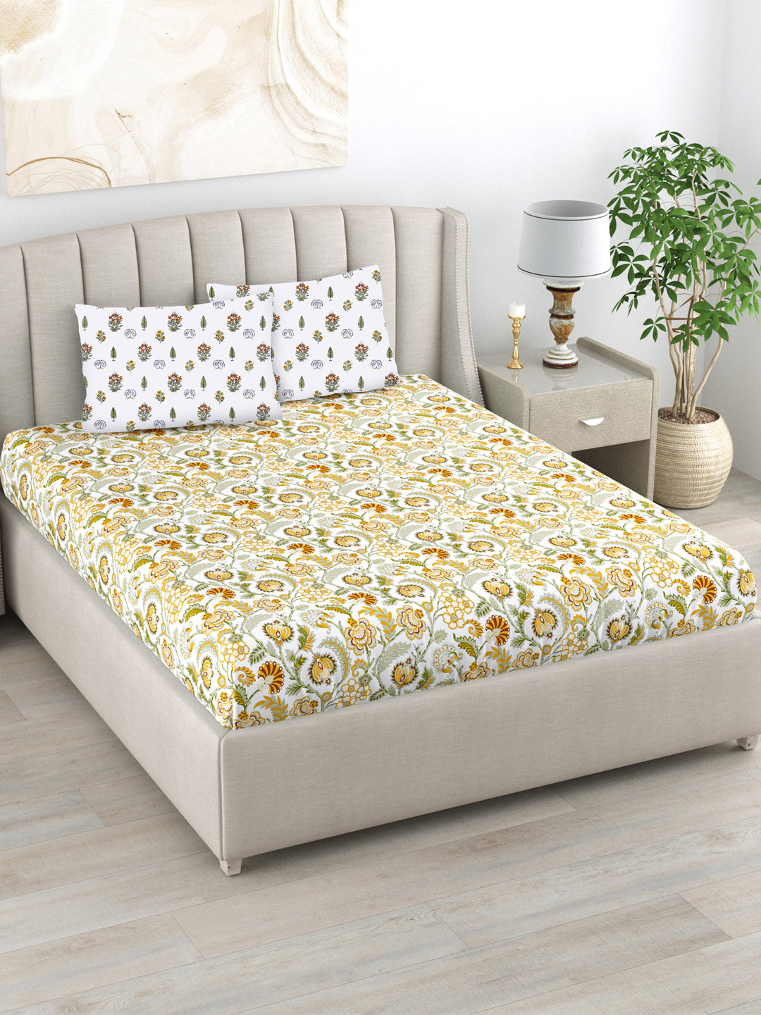 Urban Space -Home Furnishing Store 220 TC 100% Cotton Single Printed Bedsheet with Pillow Covers - Creeper Mustard - view 2