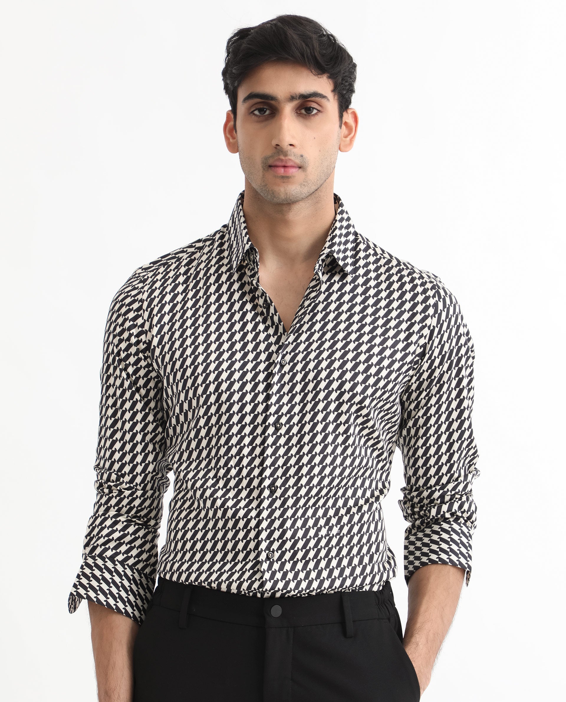 Rare Rabbit Men's Allin Black Cotton Modal Fabric Geometric Print Full Sleeves Shirt