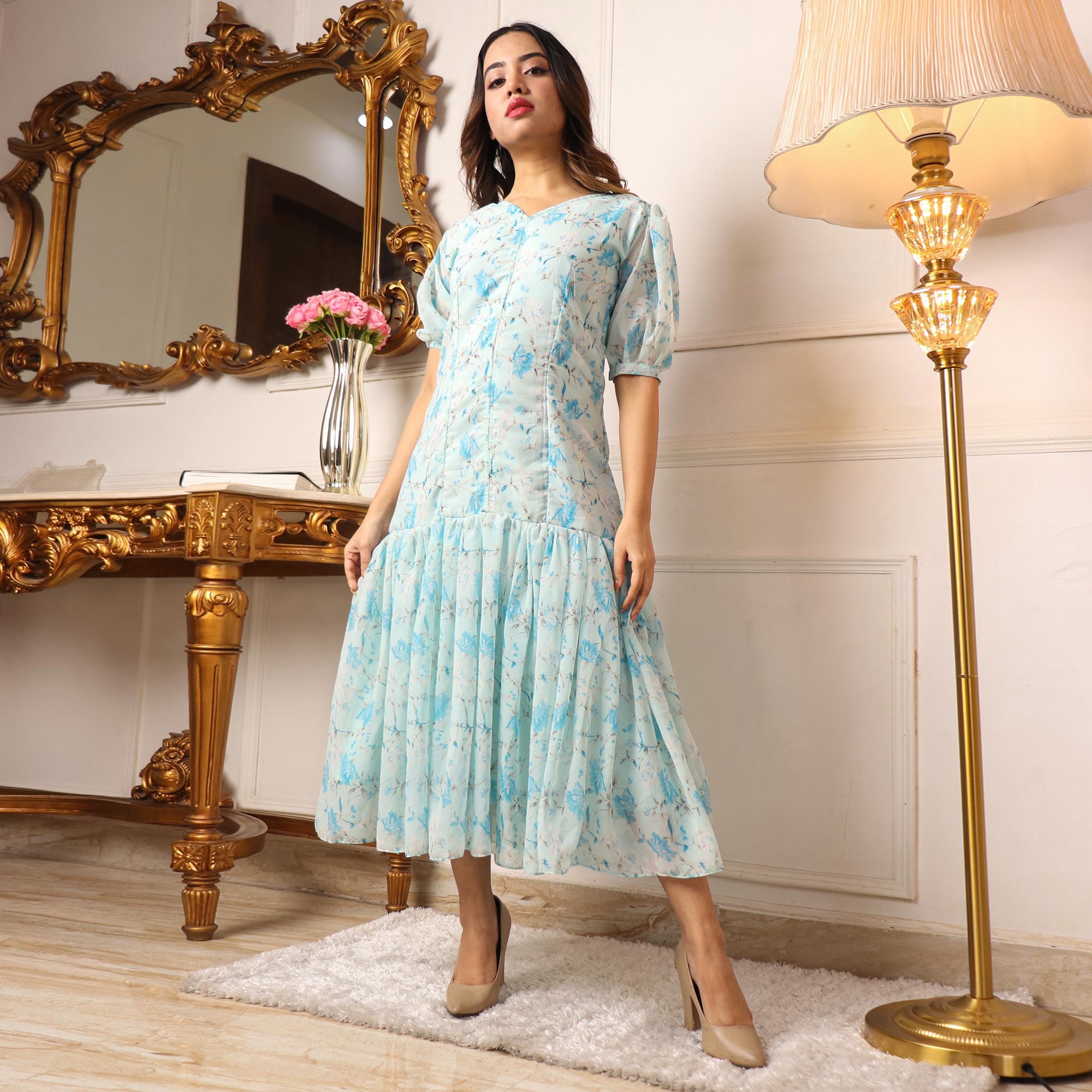Peachmode Seller Light Blue Floral Printed Georgette Dress - view 2
