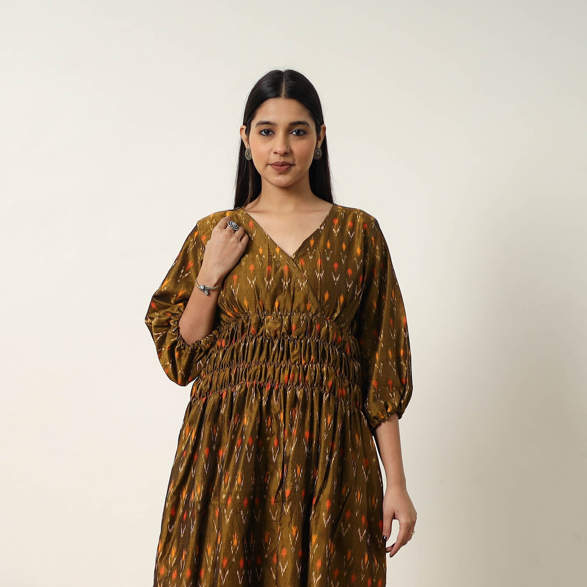 ITOKRI CASUALS Brown - Mercerized Cotton Flared Pochampally Ikat Dress 07