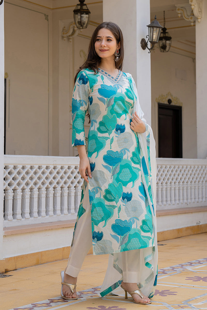 Ahika White Cotton Blend Floral Printed Straight Suit Set VKSKD2206 - view 3