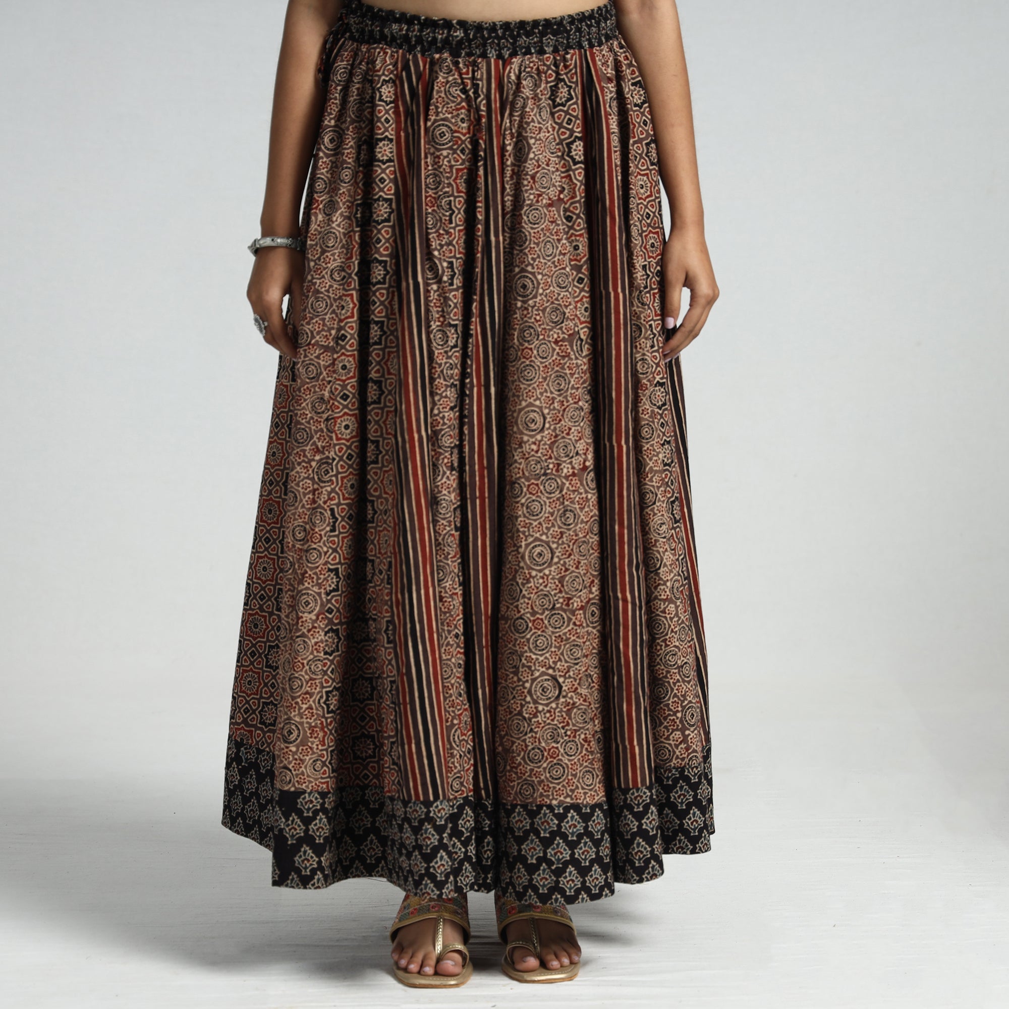 NOORI BAZAR Brown - Ajrakh Block Printed 24 Kali Patchwork Cotton Long Skirt - view 2