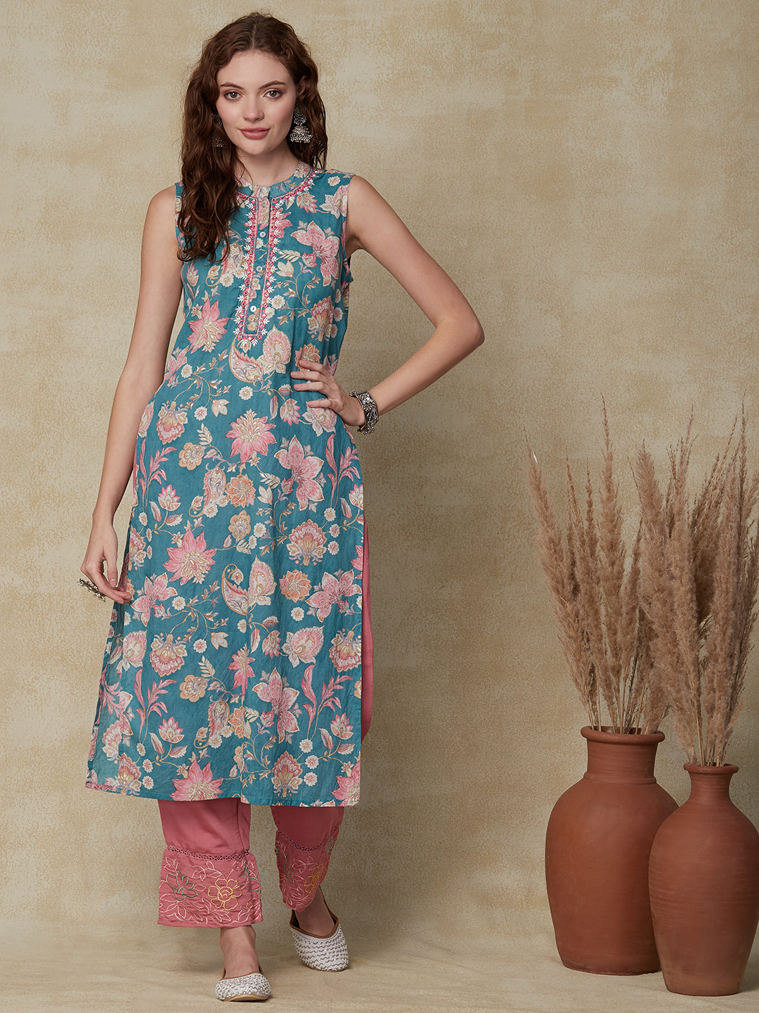 Fashor Ethnic Floral Printed & Embroidered Straight Fit Kurta - Sea Green - view 2