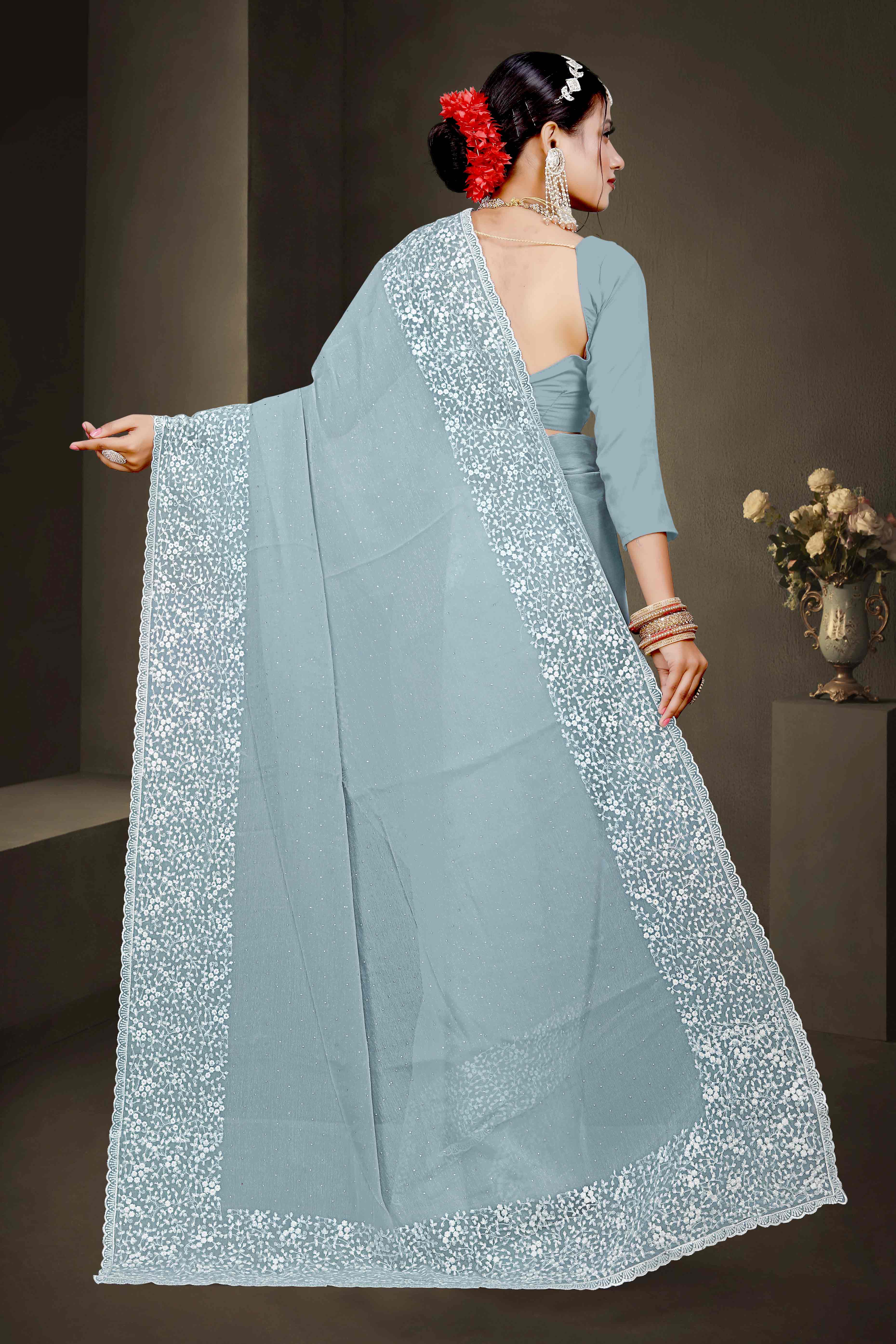 BlackTree grey-floral-embroidery-with-stonework-chiffon-shimmer-saree-2 - view 5